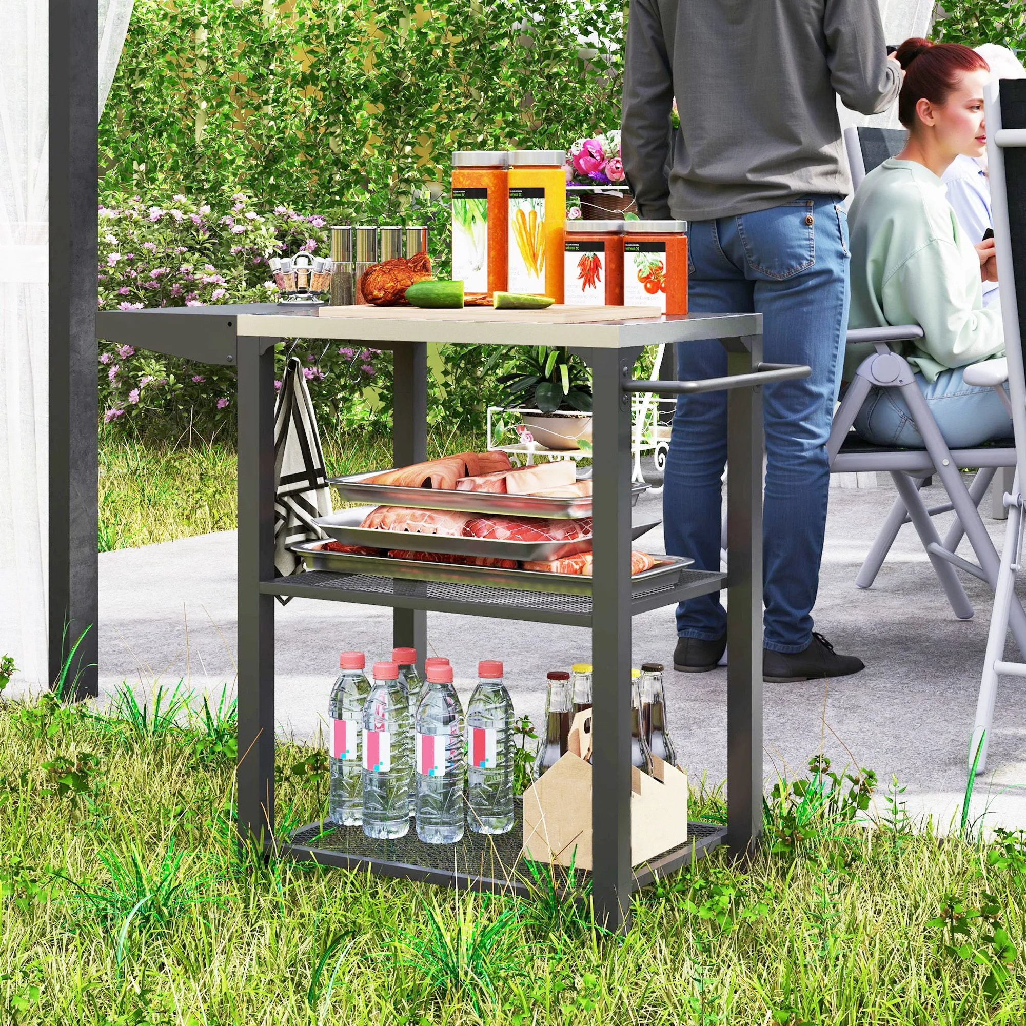 3-Tier Grill Cart with Foldable Side Table, Stainless Steel Top & Hooks, 22" x 16.1"