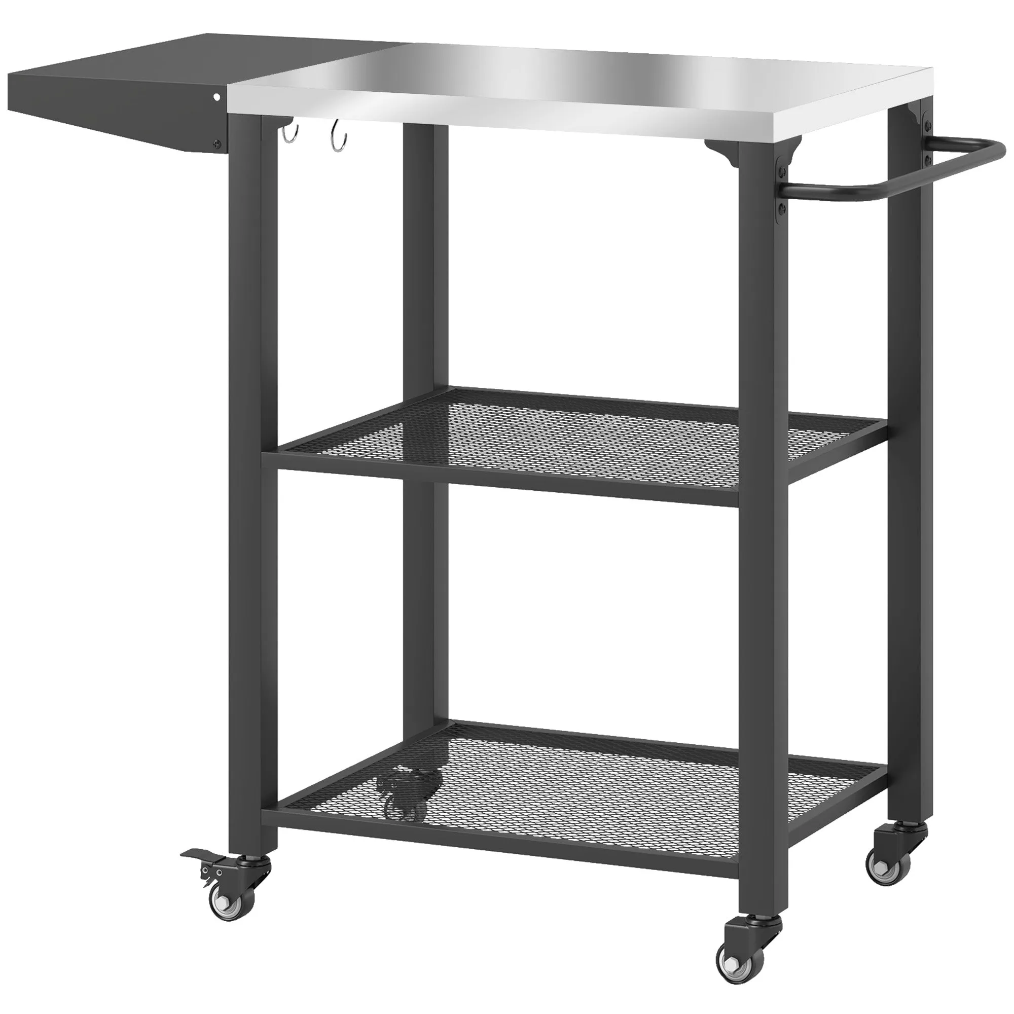 3-Tier Grill Cart with Foldable Side Table, Stainless Steel Top & Hooks, 22" x 16.1"
