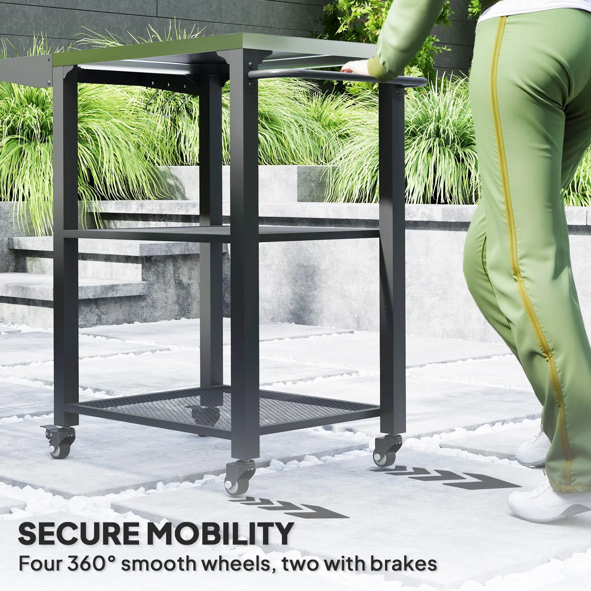 3-Tier Grill Cart with Foldable Side Table, Stainless Steel Top & Hooks, 22" x 16.1"