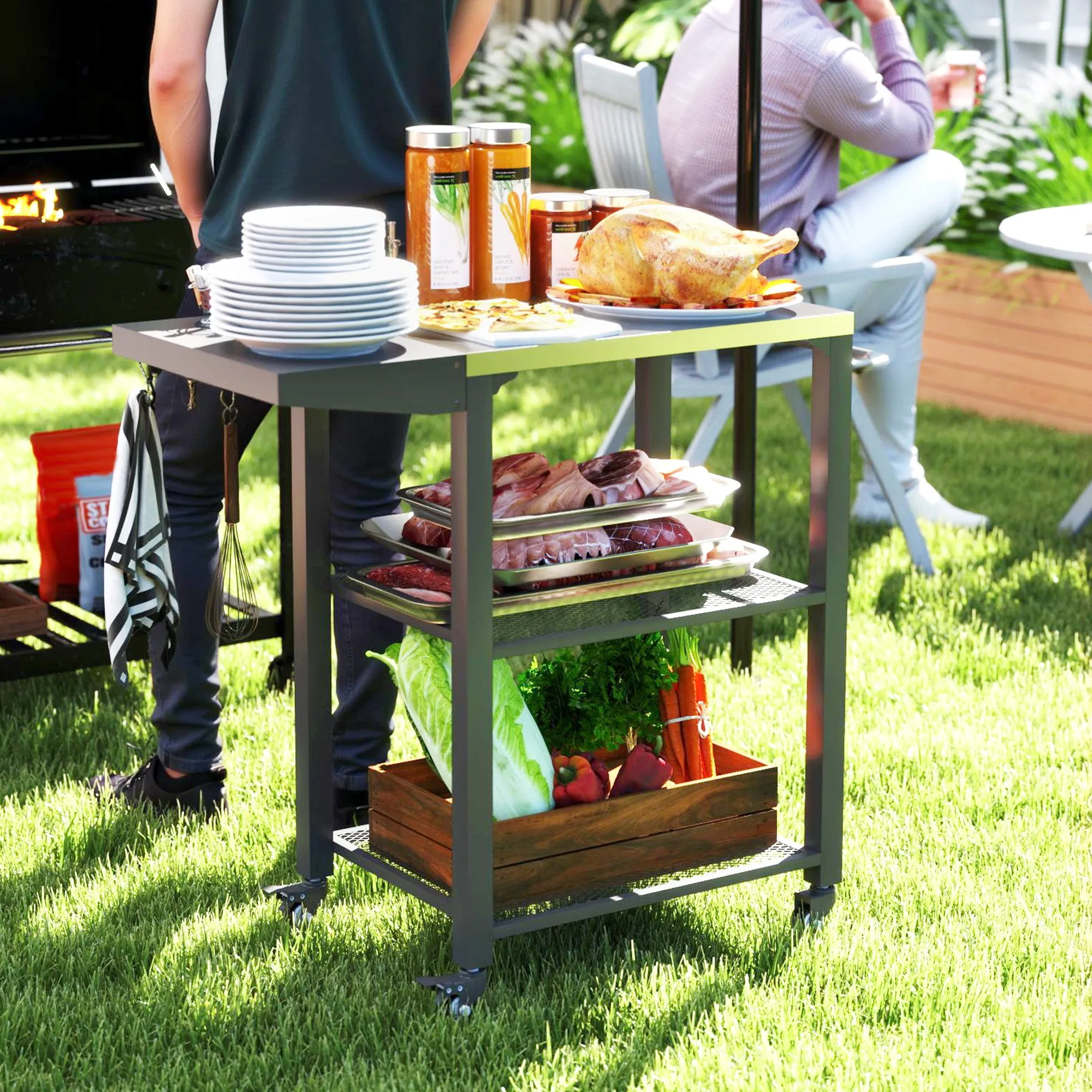 3-Tier Grill Cart with Foldable Side Table, Stainless Steel Top & Hooks, 22" x 16.1"