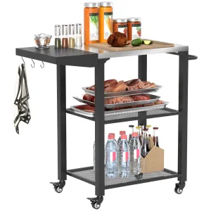 3-Tier Grill Cart with Foldable Side Table, Stainless Steel Top & Hooks, 22" x 16.1"