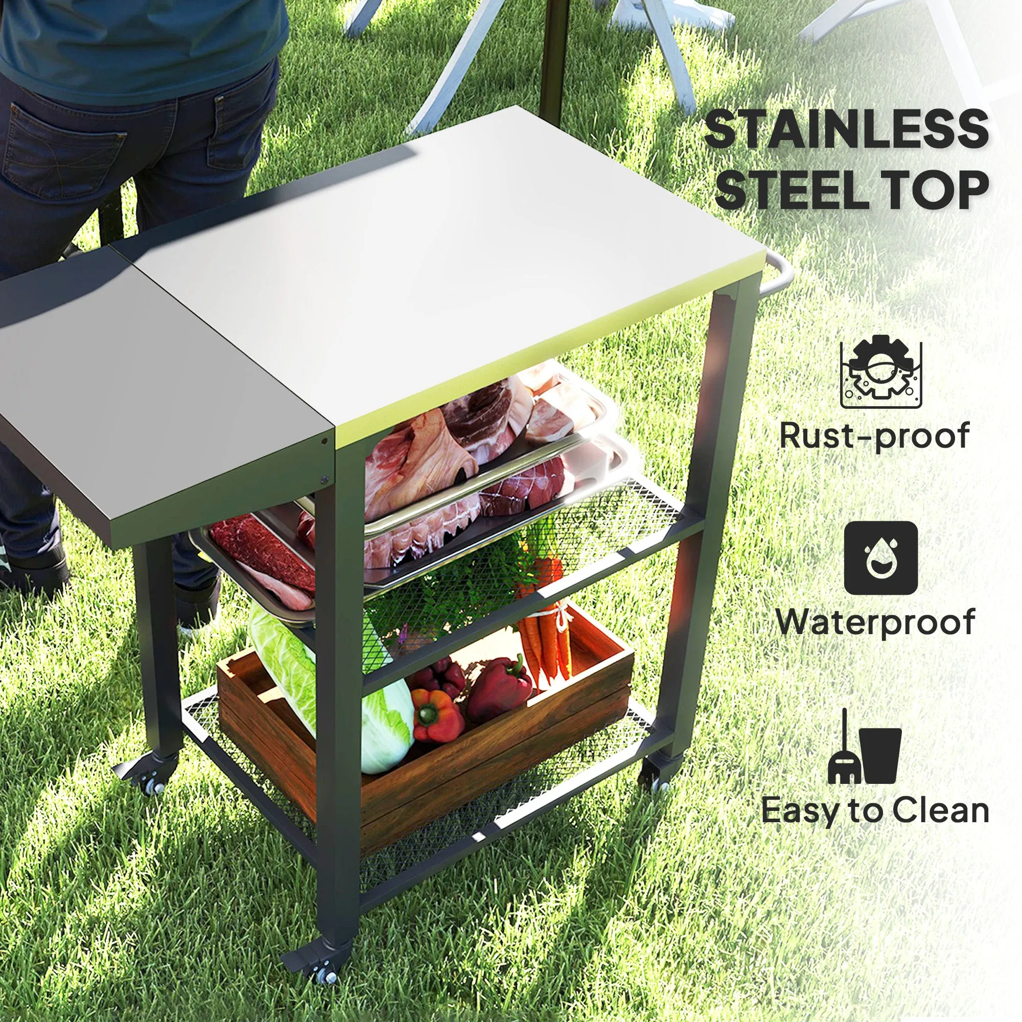 3-Tier Grill Cart with Foldable Side Table, Stainless Steel Top & Hooks, 22" x 16.1"