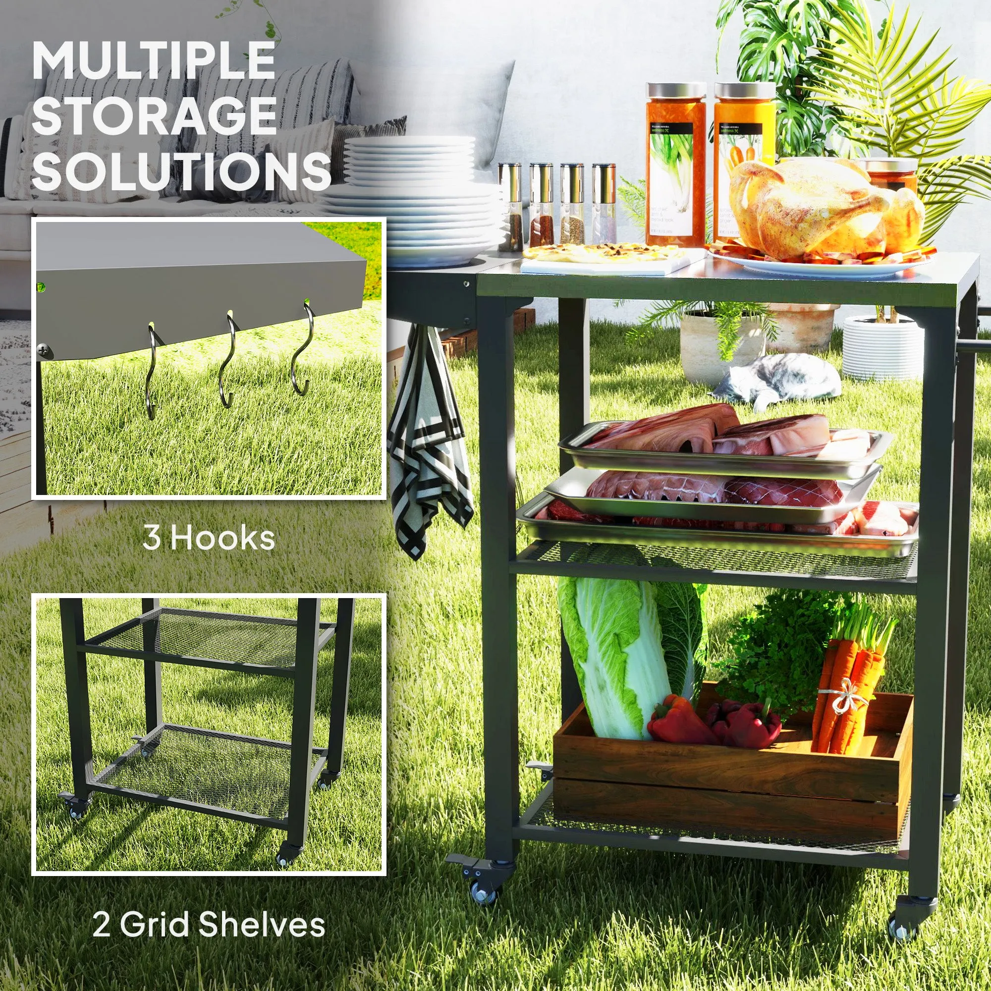 3-Tier Grill Cart with Foldable Side Table, Stainless Steel Top & Hooks, 22" x 16.1"