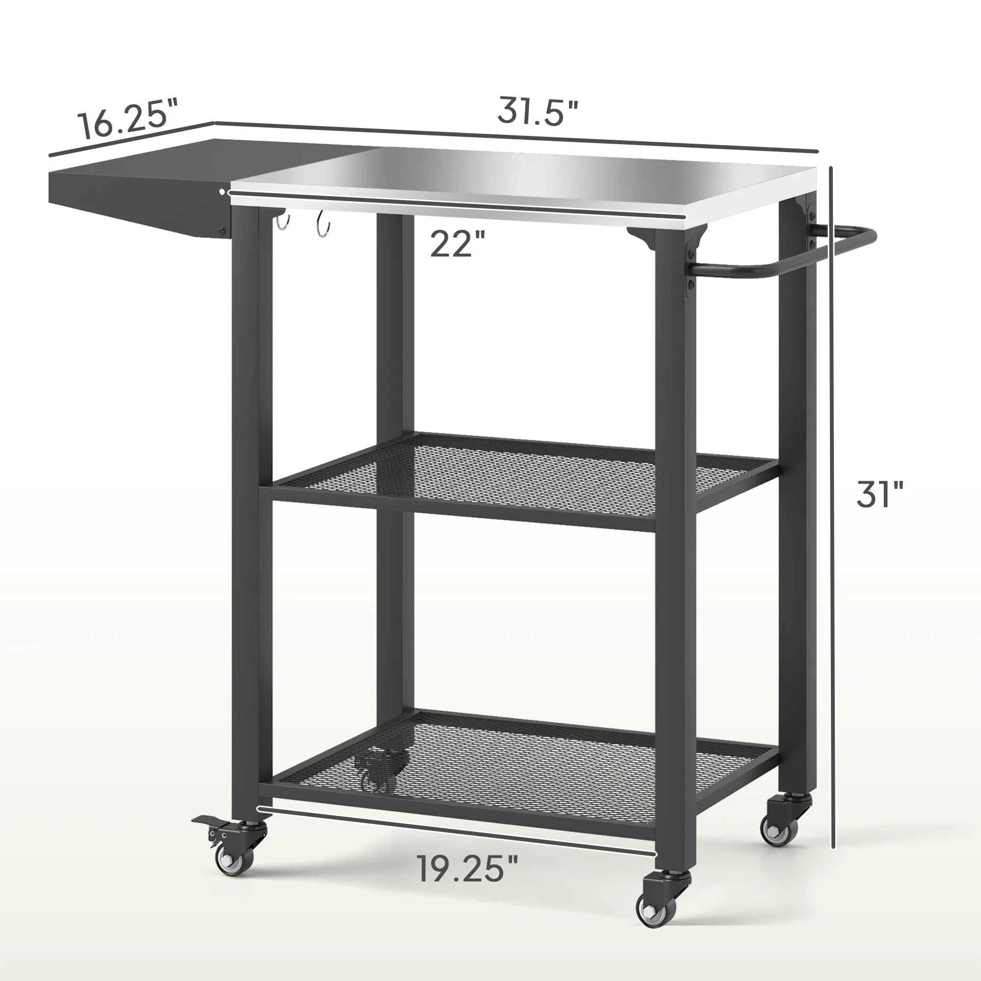 3-Tier Grill Cart with Foldable Side Table, Stainless Steel Top & Hooks, 22" x 16.1"