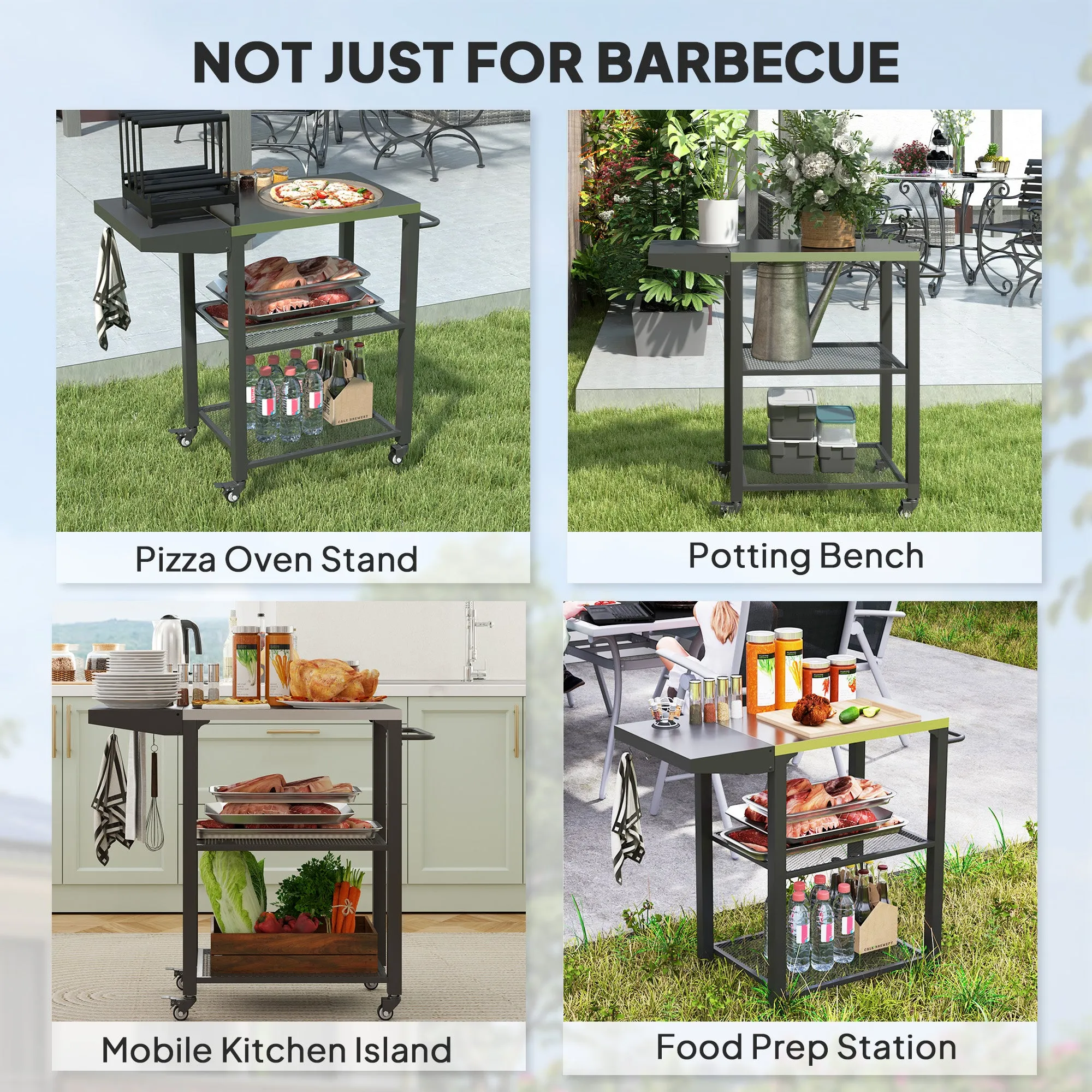 3-Tier Grill Cart with Foldable Side Table, Stainless Steel Top & Hooks, 22" x 16.1"