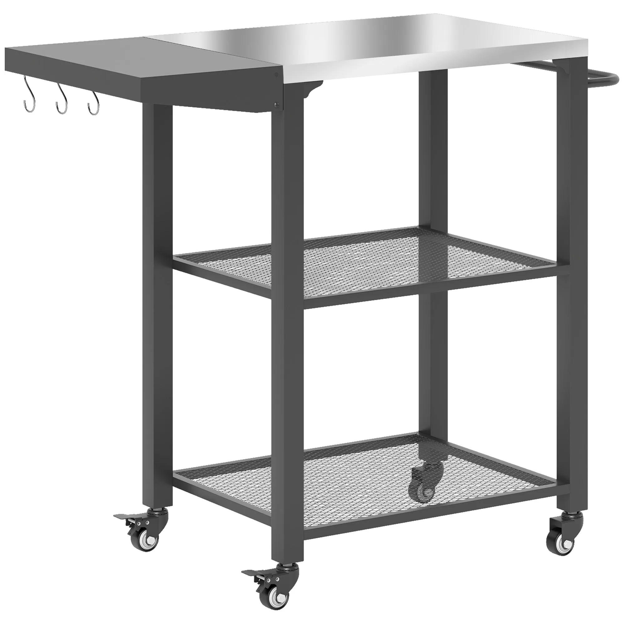3-Tier Grill Cart with Foldable Side Table, Stainless Steel Top & Hooks, 22" x 16.1"