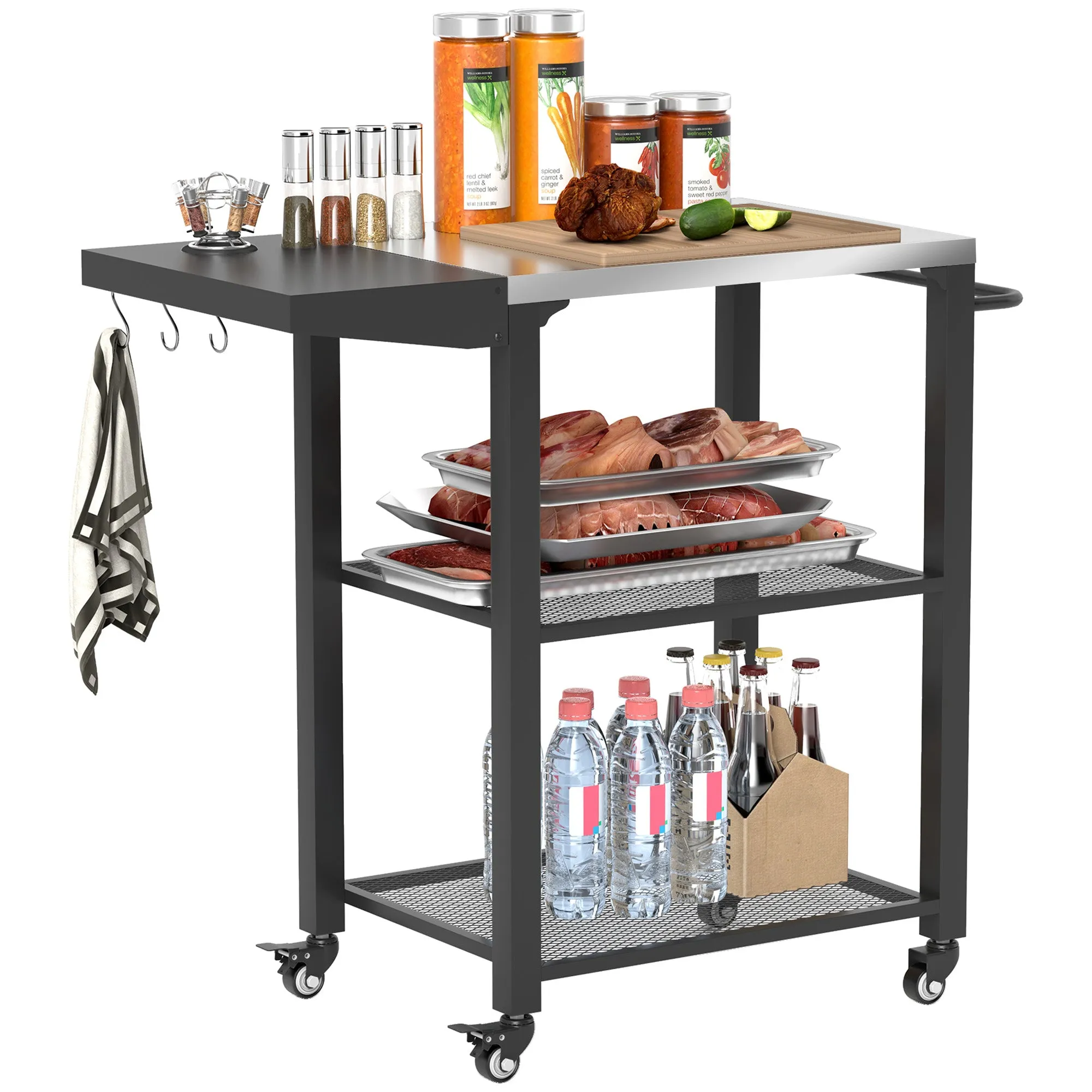 3-Tier Grill Cart with Foldable Side Table, Stainless Steel Top & Hooks, 22" x 16.1"