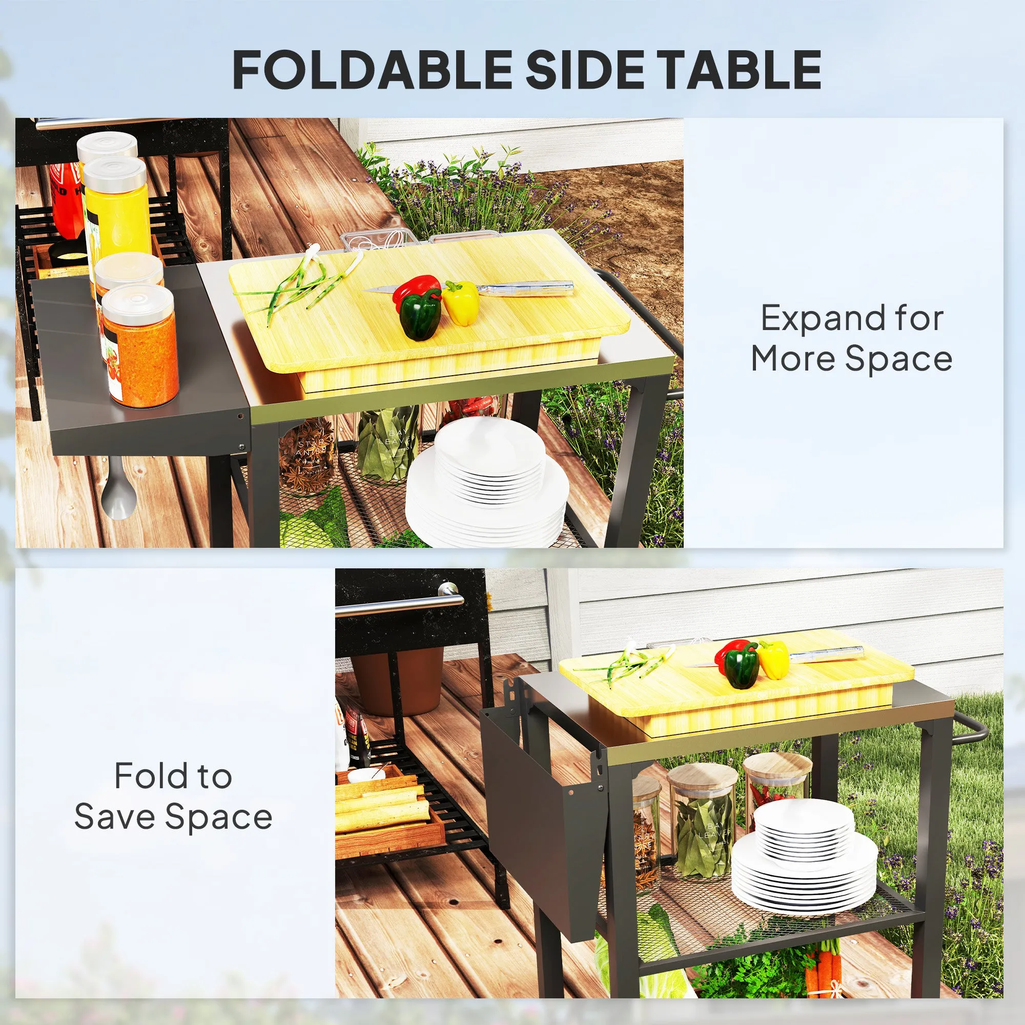 3-Tier Grill Cart with Foldable Side Table, Stainless Steel Top & Hooks, 22" x 16.1"