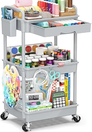 3-Tier Rolling Cart with Drawer & Lockable Wheels, Plastic Shelf Storage Organizer Cart – Easy Assembly, Waterproof Design for Kitchen, Bathroom, Office, Gray