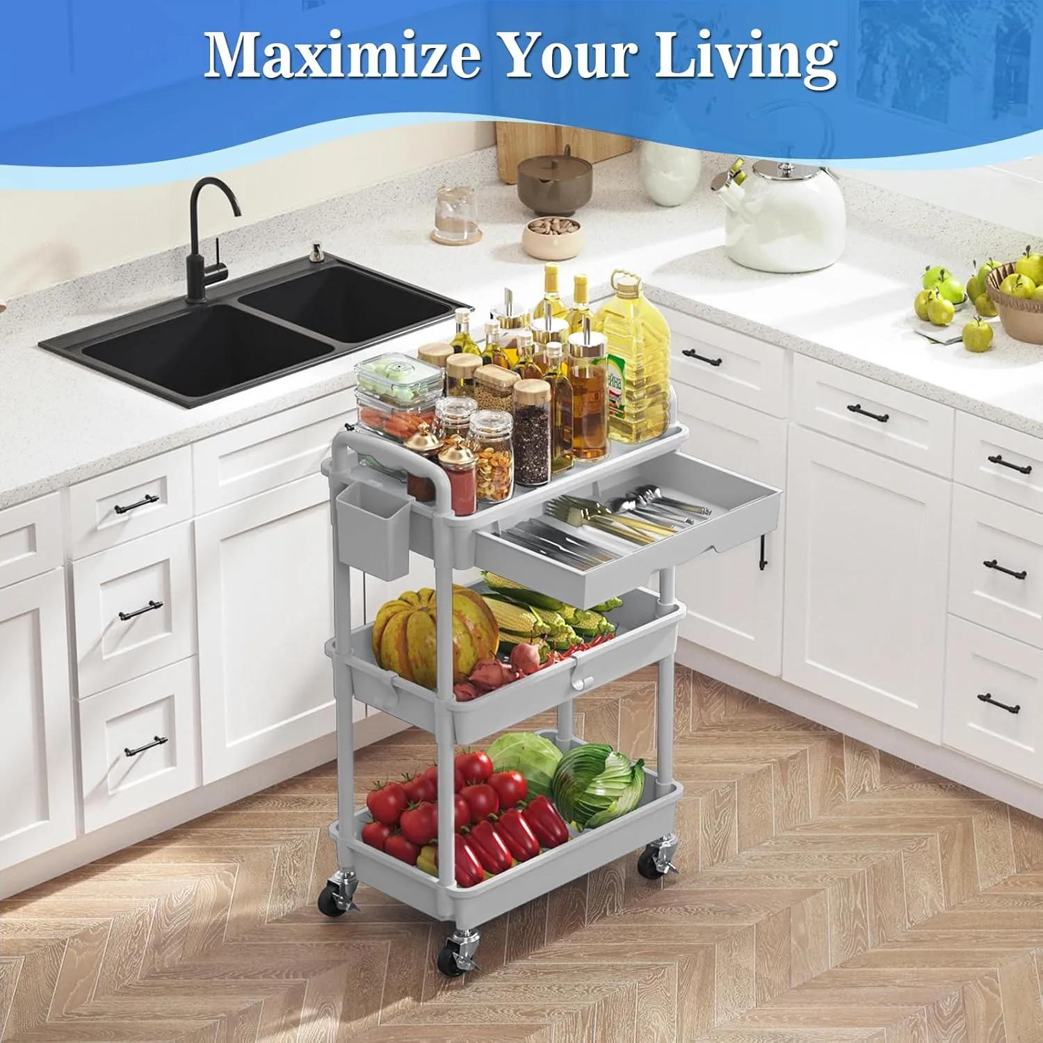 3-Tier Rolling Cart with Drawer & Lockable Wheels, Plastic Shelf Storage Organizer Cart – Easy Assembly, Waterproof Design for Kitchen, Bathroom, Office, Gray