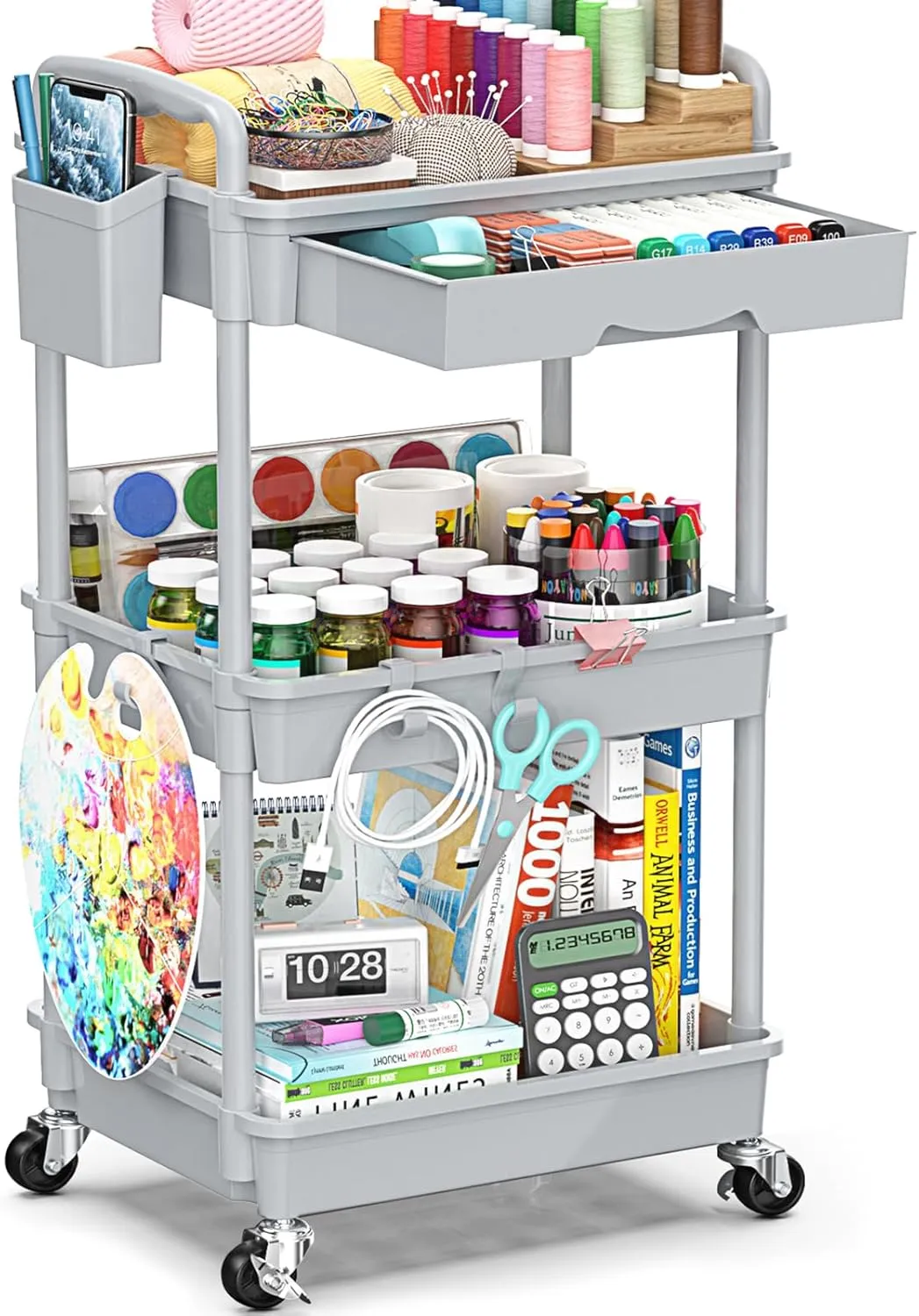 3-Tier Rolling Cart with Drawer & Lockable Wheels, Plastic Shelf Storage Organizer Cart – Easy Assembly, Waterproof Design for Kitchen, Bathroom, Office, Gray
