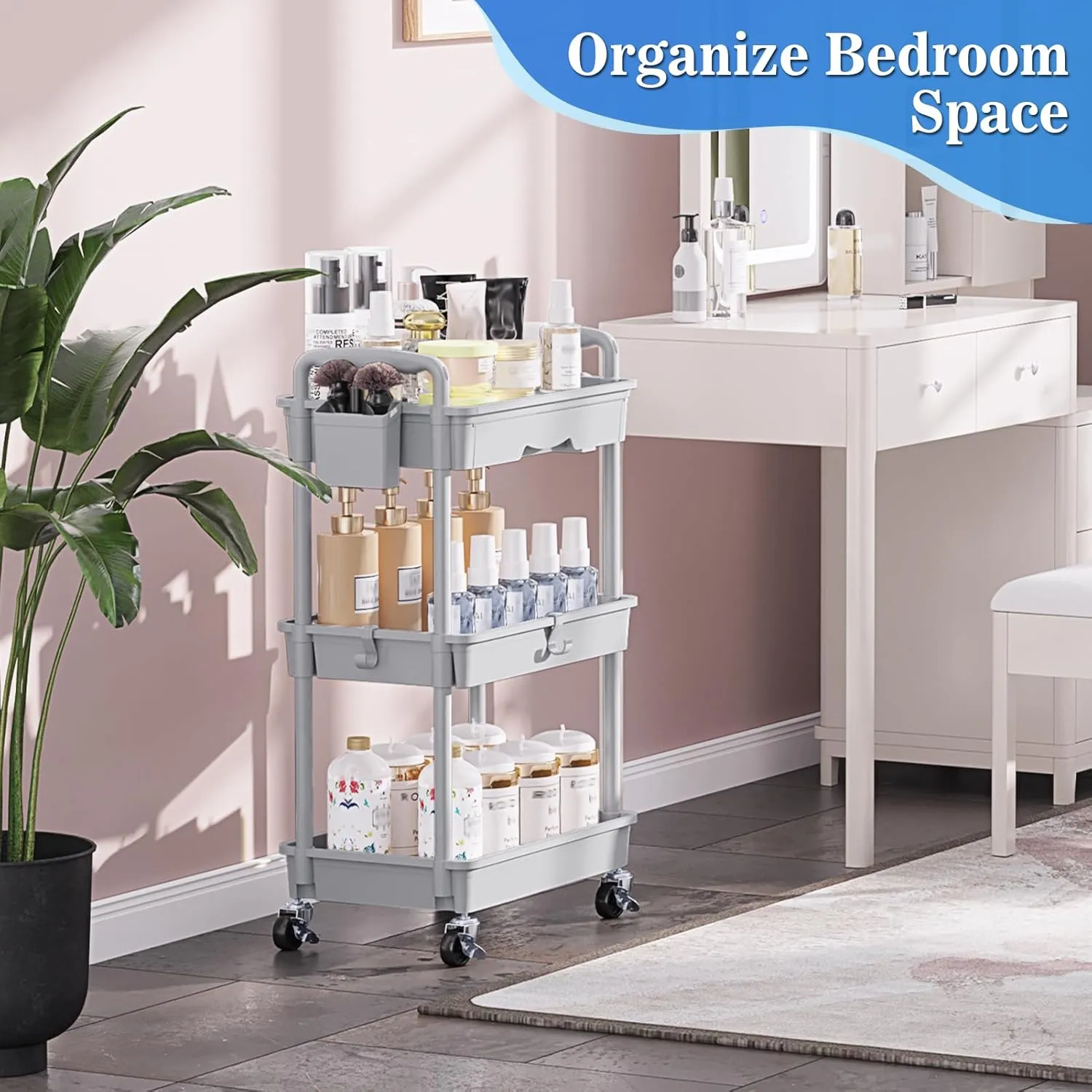 3-Tier Rolling Cart with Drawer & Lockable Wheels, Plastic Shelf Storage Organizer Cart – Easy Assembly, Waterproof Design for Kitchen, Bathroom, Office, Gray