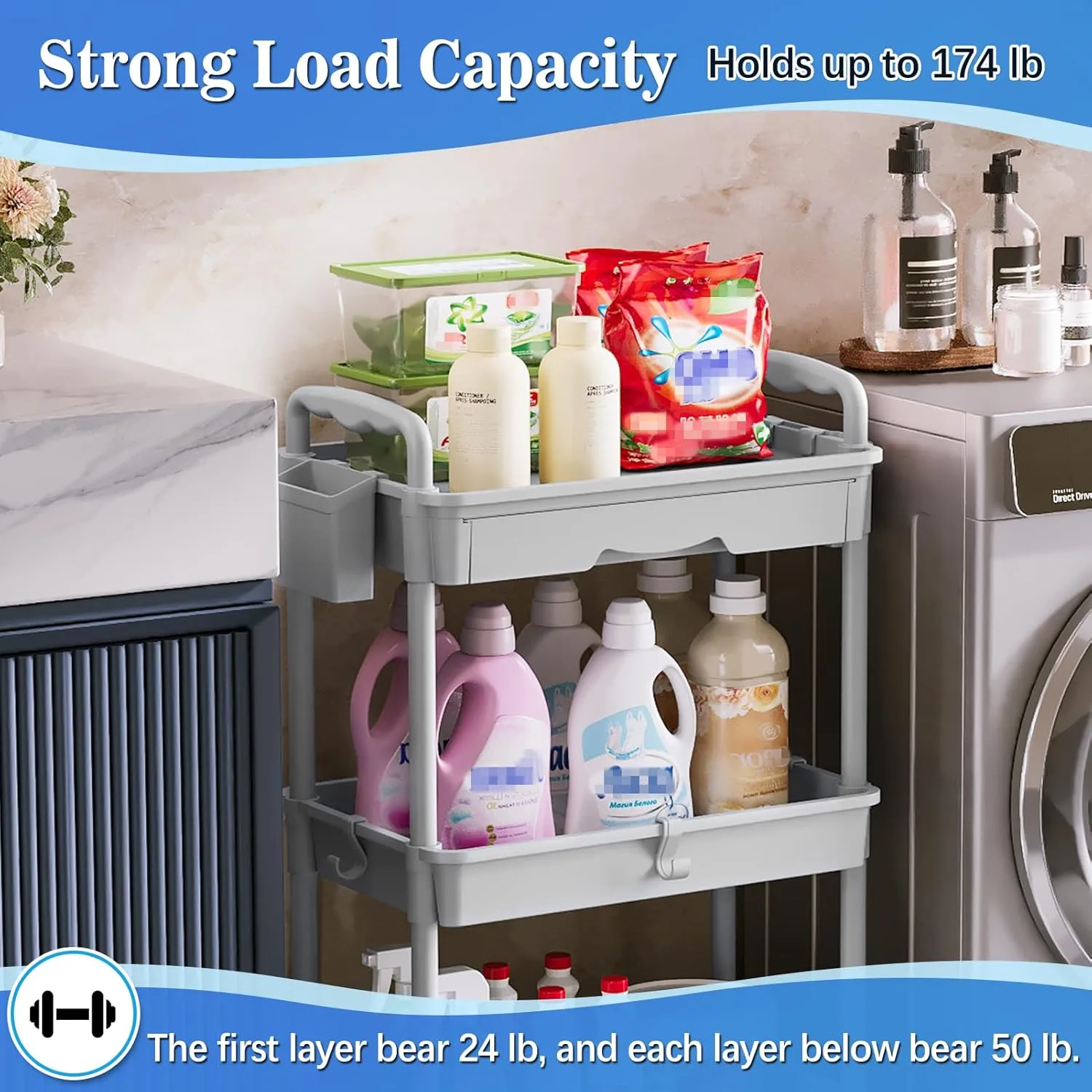 3-Tier Rolling Cart with Drawer & Lockable Wheels, Plastic Shelf Storage Organizer Cart – Easy Assembly, Waterproof Design for Kitchen, Bathroom, Office, Gray