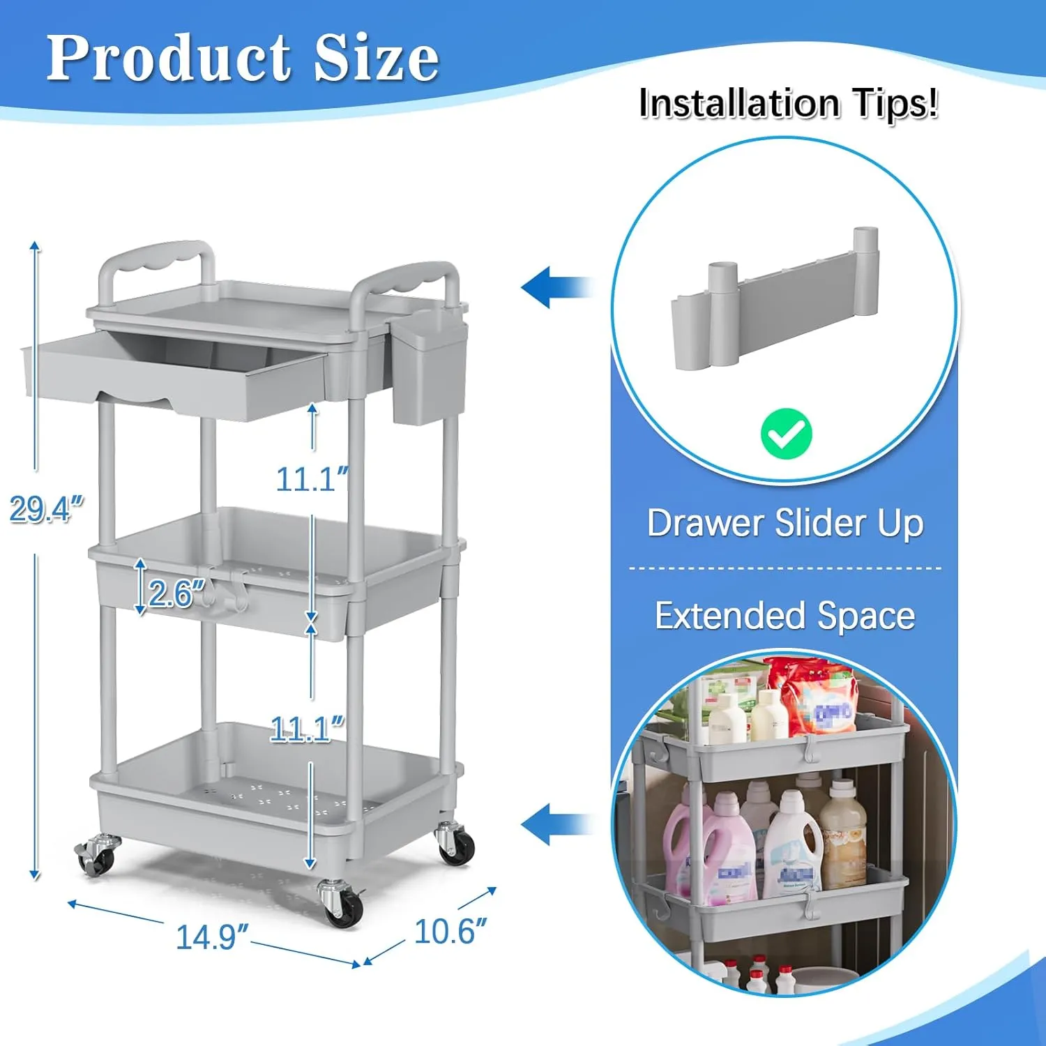 3-Tier Rolling Cart with Drawer & Lockable Wheels, Plastic Shelf Storage Organizer Cart – Easy Assembly, Waterproof Design for Kitchen, Bathroom, Office, Gray
