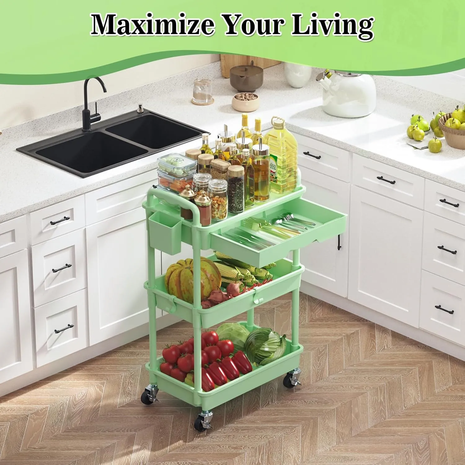 3-Tier Rolling Cart with Drawer & Lockable Wheels, Plastic Shelf Storage Organizer Cart – Easy Assembly, Waterproof Design for Kitchen, Bathroom, Office, Green