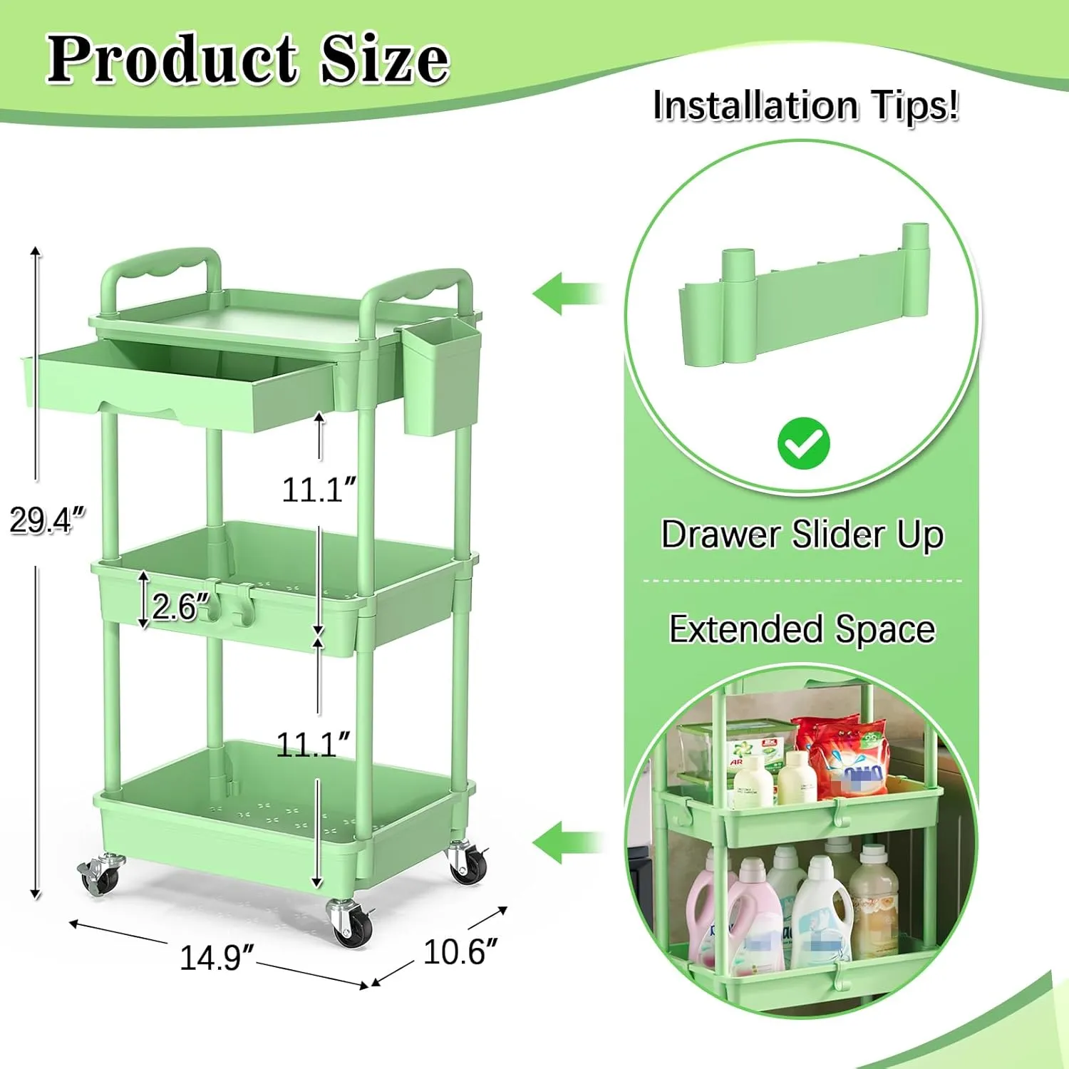 3-Tier Rolling Cart with Drawer & Lockable Wheels, Plastic Shelf Storage Organizer Cart – Easy Assembly, Waterproof Design for Kitchen, Bathroom, Office, Green