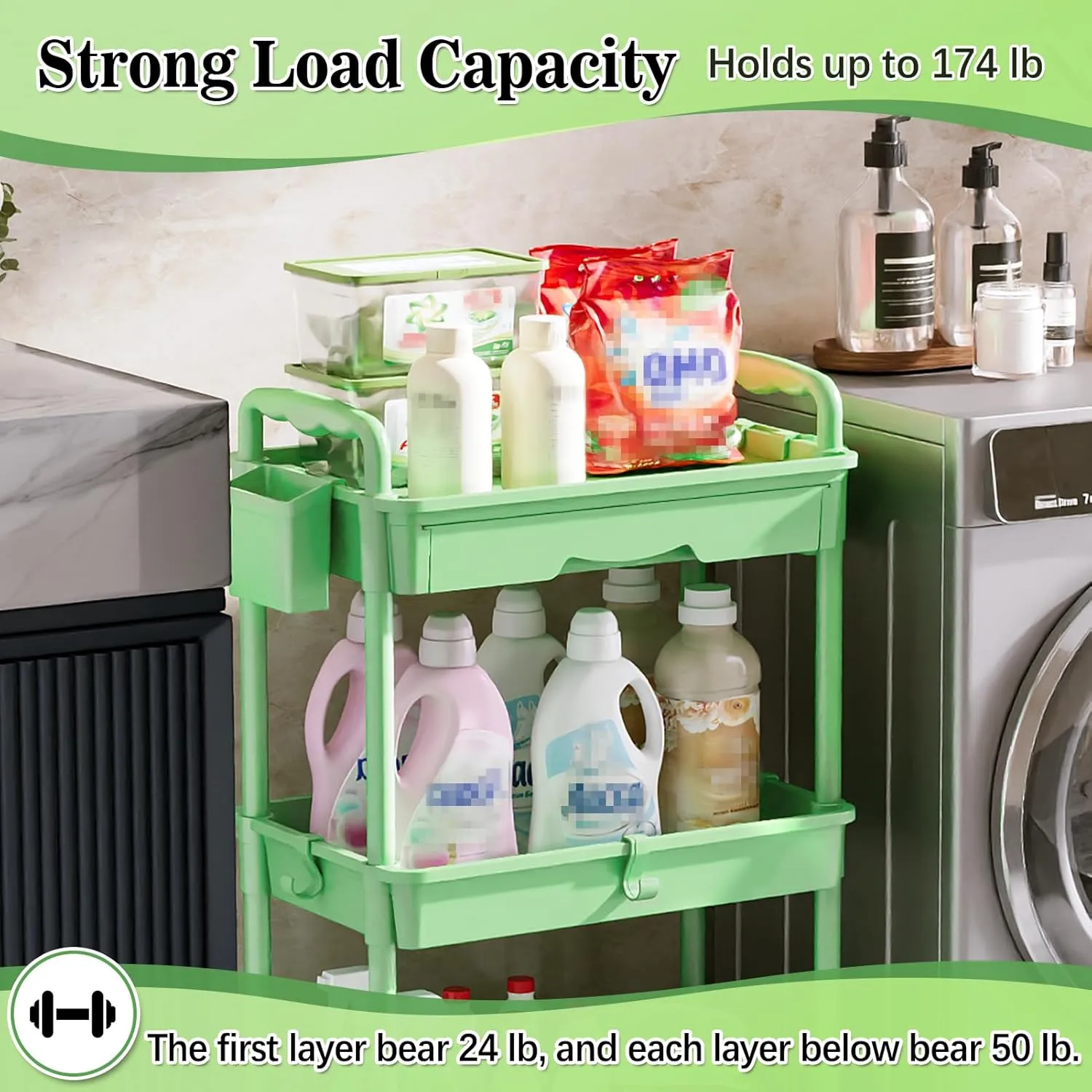 3-Tier Rolling Cart with Drawer & Lockable Wheels, Plastic Shelf Storage Organizer Cart – Easy Assembly, Waterproof Design for Kitchen, Bathroom, Office, Green