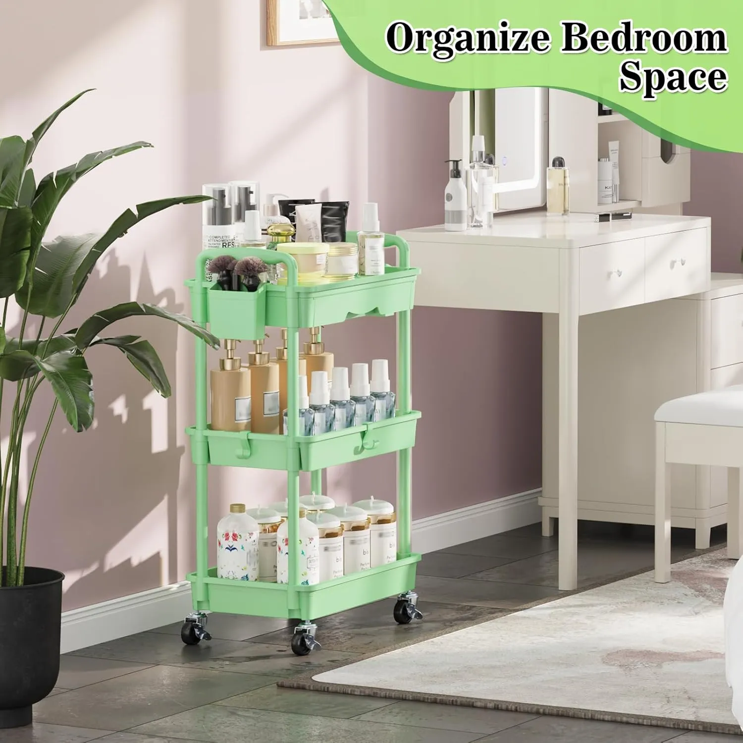 3-Tier Rolling Cart with Drawer & Lockable Wheels, Plastic Shelf Storage Organizer Cart – Easy Assembly, Waterproof Design for Kitchen, Bathroom, Office, Green
