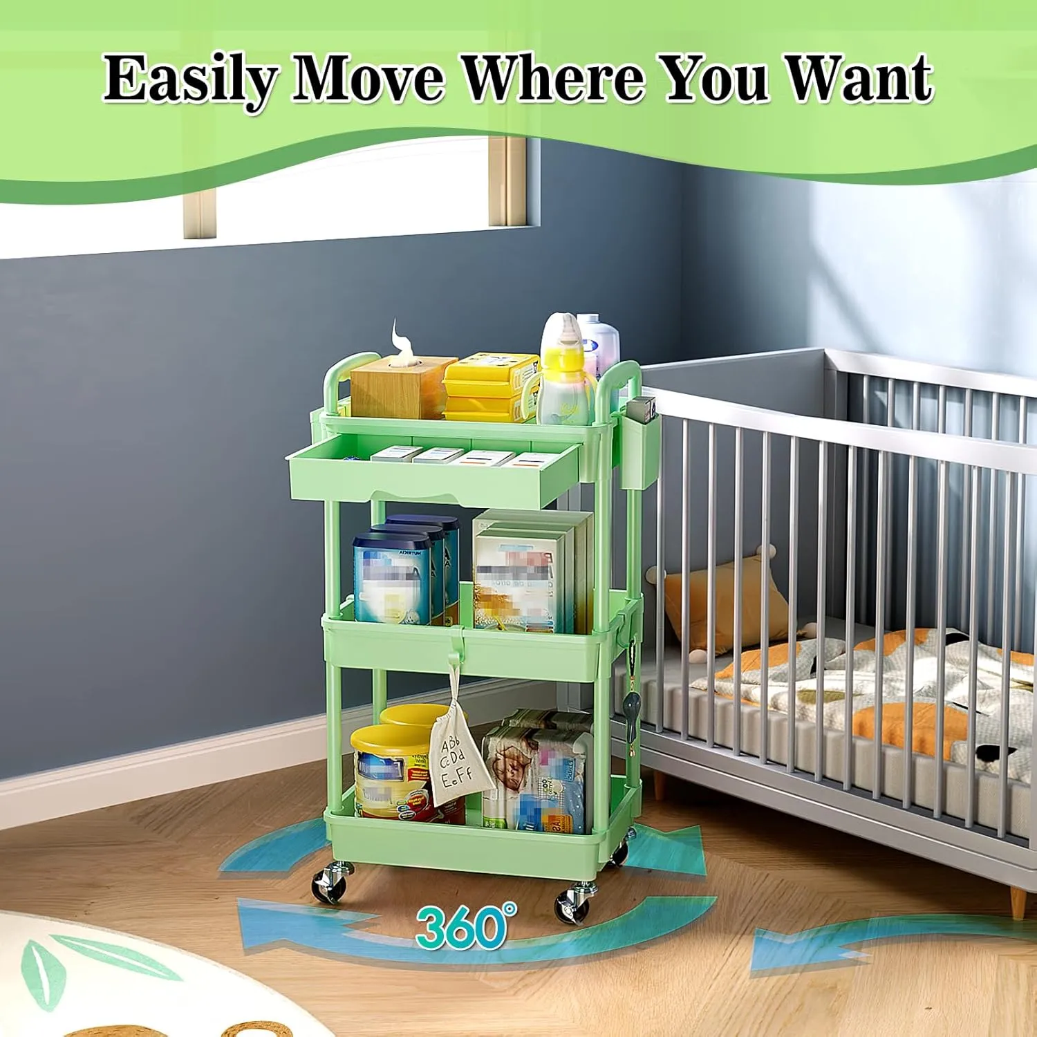 3-Tier Rolling Cart with Drawer & Lockable Wheels, Plastic Shelf Storage Organizer Cart – Easy Assembly, Waterproof Design for Kitchen, Bathroom, Office, Green