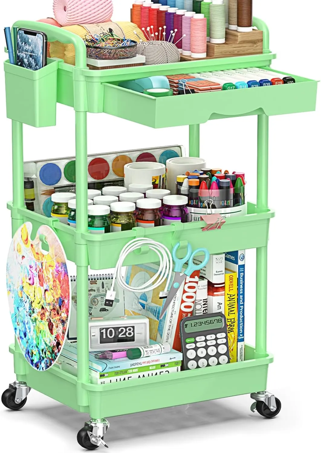 3-Tier Rolling Cart with Drawer & Lockable Wheels, Plastic Shelf Storage Organizer Cart – Easy Assembly, Waterproof Design for Kitchen, Bathroom, Office, Green