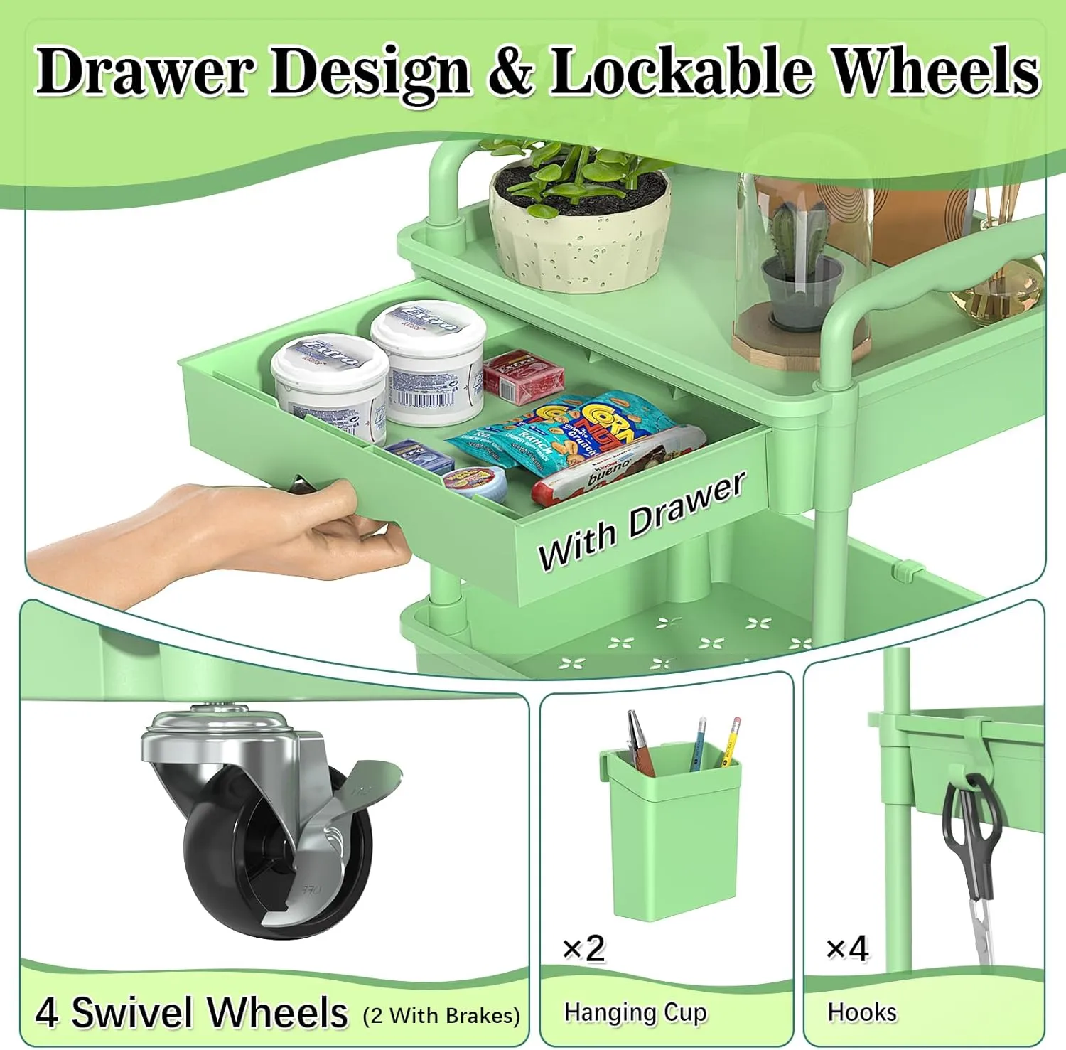 3-Tier Rolling Cart with Drawer & Lockable Wheels, Plastic Shelf Storage Organizer Cart – Easy Assembly, Waterproof Design for Kitchen, Bathroom, Office, Green
