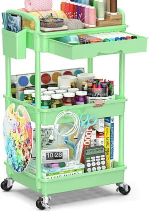 3-Tier Rolling Cart with Drawer & Lockable Wheels, Plastic Shelf Storage Organizer Cart – Easy Assembly, Waterproof Design for Kitchen, Bathroom, Office, Green