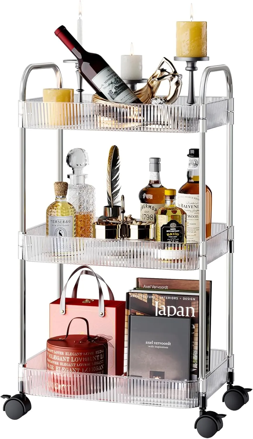 3 Tier Rolling Cart with Wheels,Utility Trolley with Handle,Clear Acrylic Movable Storage Organizer for Kitchen,Bathroom,Nursery,Laundry,Book,Snack,Craft