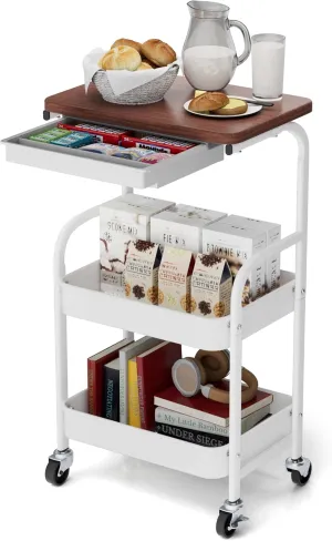 3-Tier Rolling Cart with Wooden Tabletop & Drawer –Metal Mobile Utility Cart with Lockable Wheels, Storage Organizer Cart for Kitchen, Office, Bathroom, Living Room - Easy Assembly, White