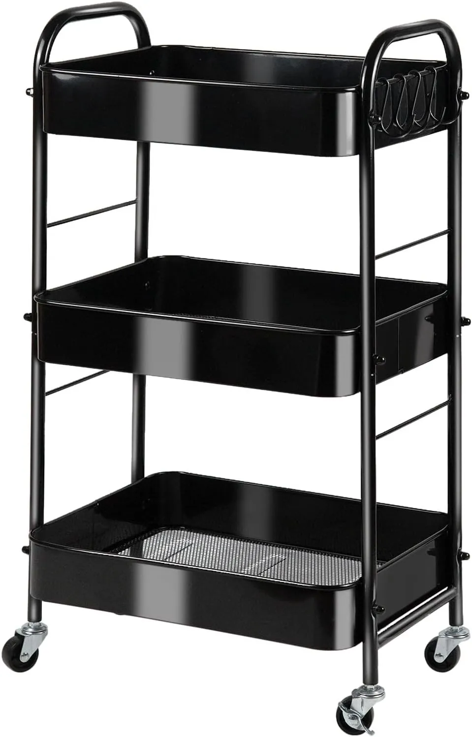 3-Tier Rolling Utility Cart with Stopper Caster Wheels and 4 Hooks, Easy Assembly, for Kitchen, Bathroom, Living Room, Office (Black)