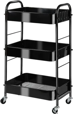 3-Tier Rolling Utility Cart with Stopper Caster Wheels and 4 Hooks, Easy Assembly, for Kitchen, Bathroom, Living Room, Office (Black)
