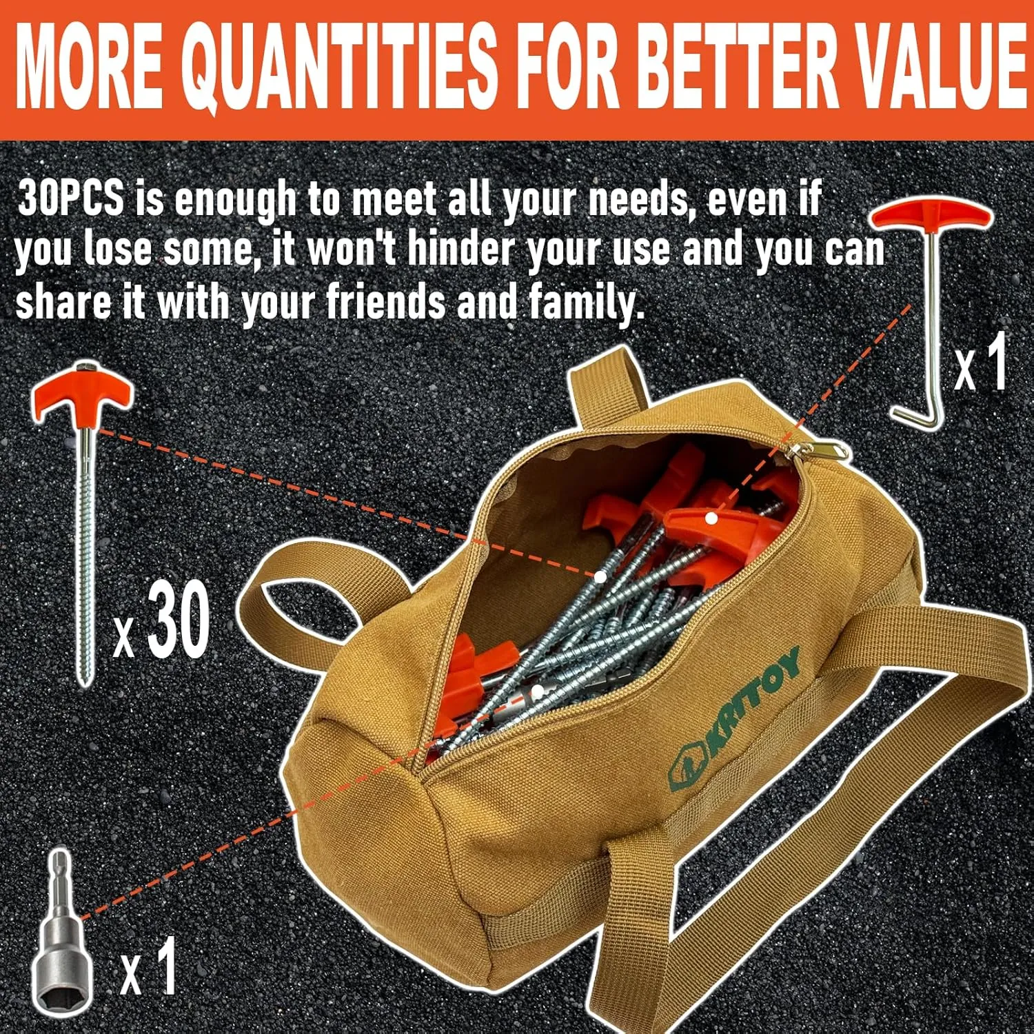 30 Pack Tent Stakes Heavy Duty - 8" Screw in Tent Stakes - Ground Anchors Screw in - Tent Pegs Camping Stakes - Metal Threaded Tent Spikes with 1 Hex Head Driver, 1Stopper T Pull Hook and Storage Bag