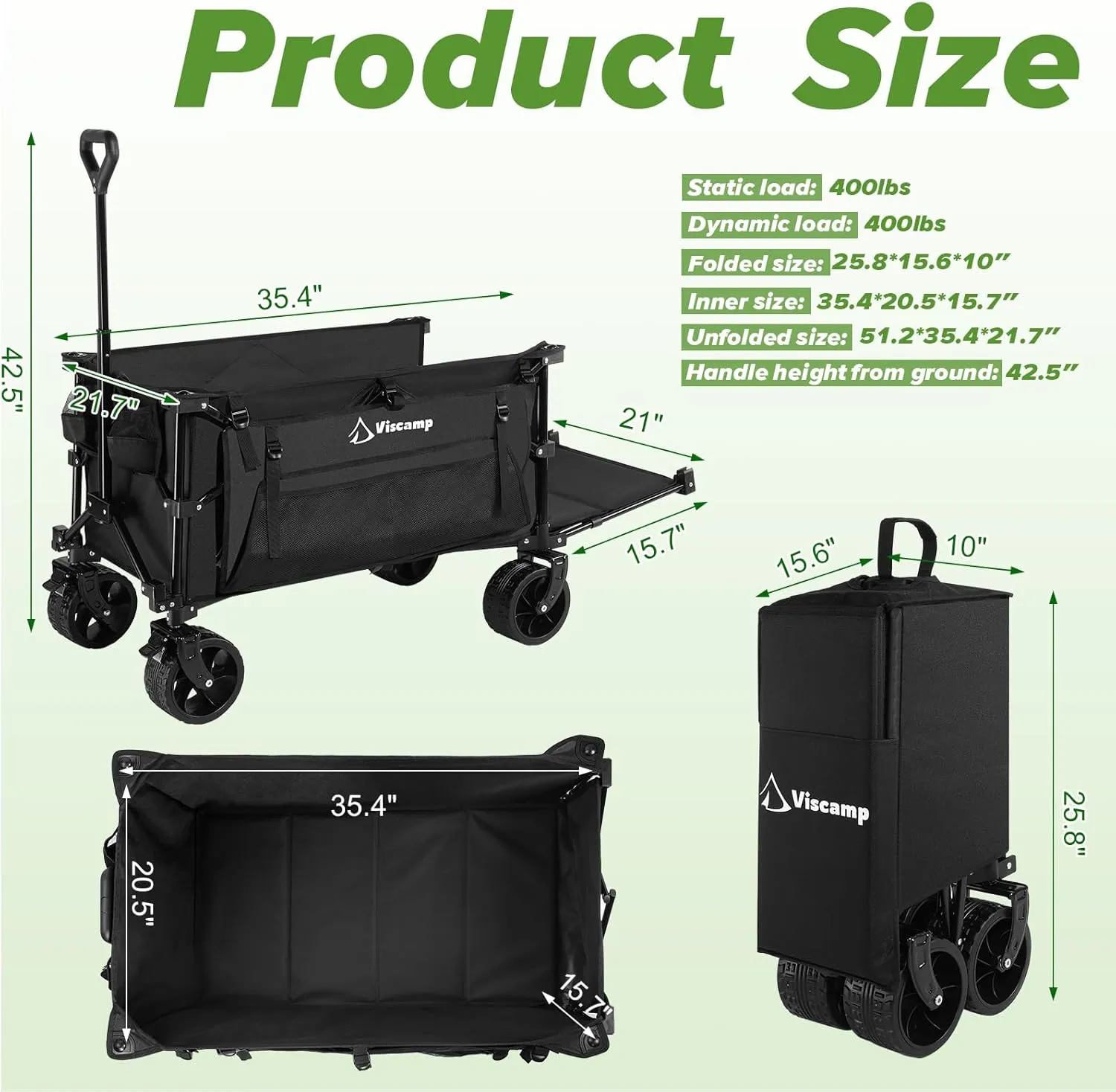 300L Utility Wagon, 440lbs Wagons Carts Foldable Capacity Beach and Garden Cart with Big Wheels for Sand, Elastic Rope for Groceries, Moving, Camping - Black