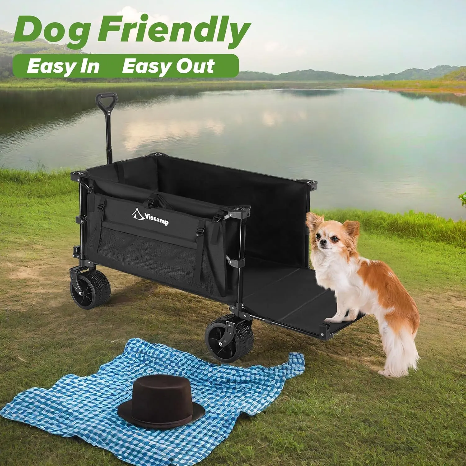300L Utility Wagon, 440lbs Wagons Carts Foldable Capacity Beach and Garden Cart with Big Wheels for Sand, Elastic Rope for Groceries, Moving, Camping - Black