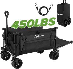 300L Utility Wagon, 440lbs Wagons Carts Foldable Capacity Beach and Garden Cart with Big Wheels for Sand, Elastic Rope for Groceries, Moving, Camping - Black