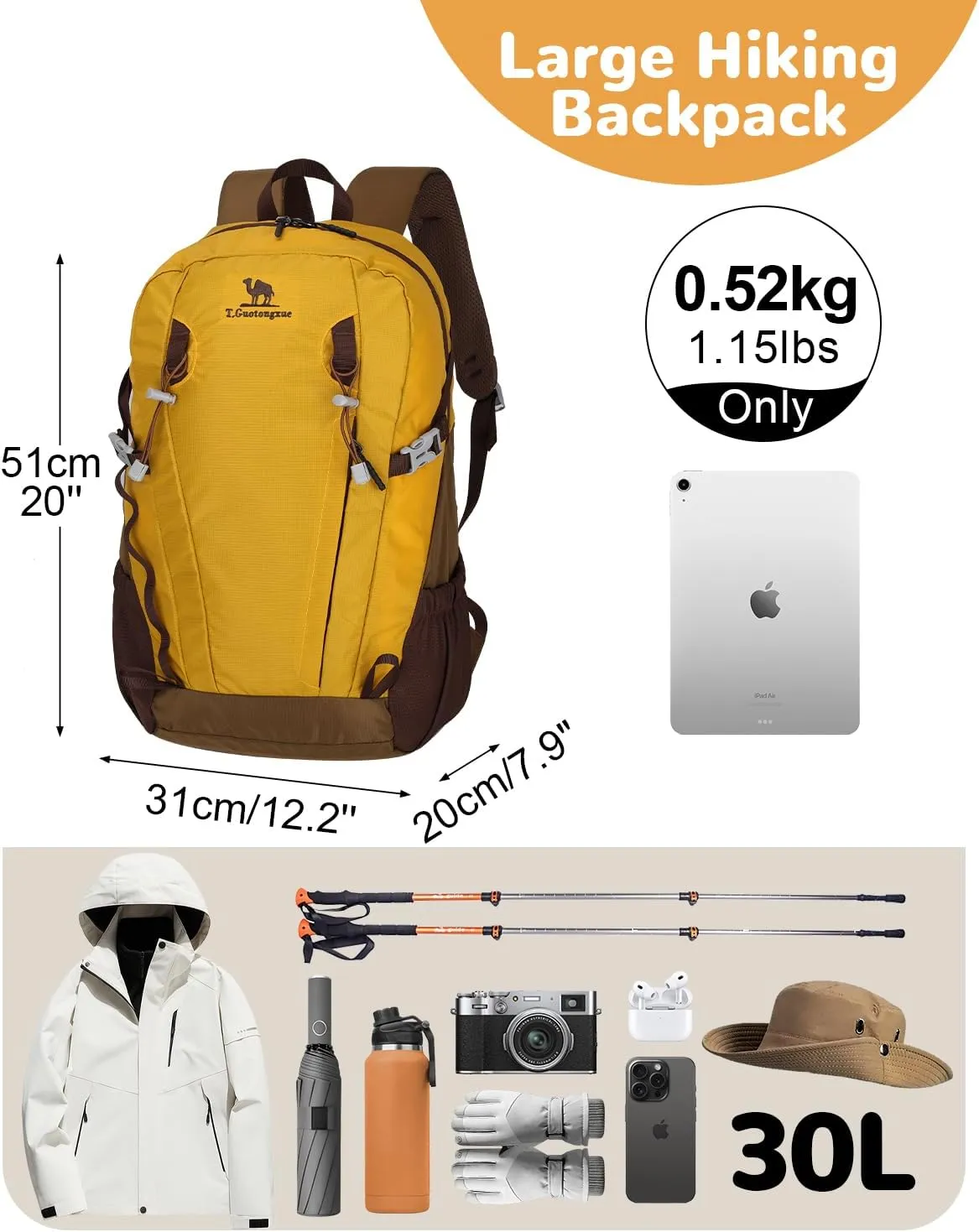 30L Hiking Daypack for Men Women, Large Travel Hiking Backpack with Anti Theft Pocket & Chest Strap, Breathable Waterproof Outdoor Rucking Backpack for Camping, Yellow