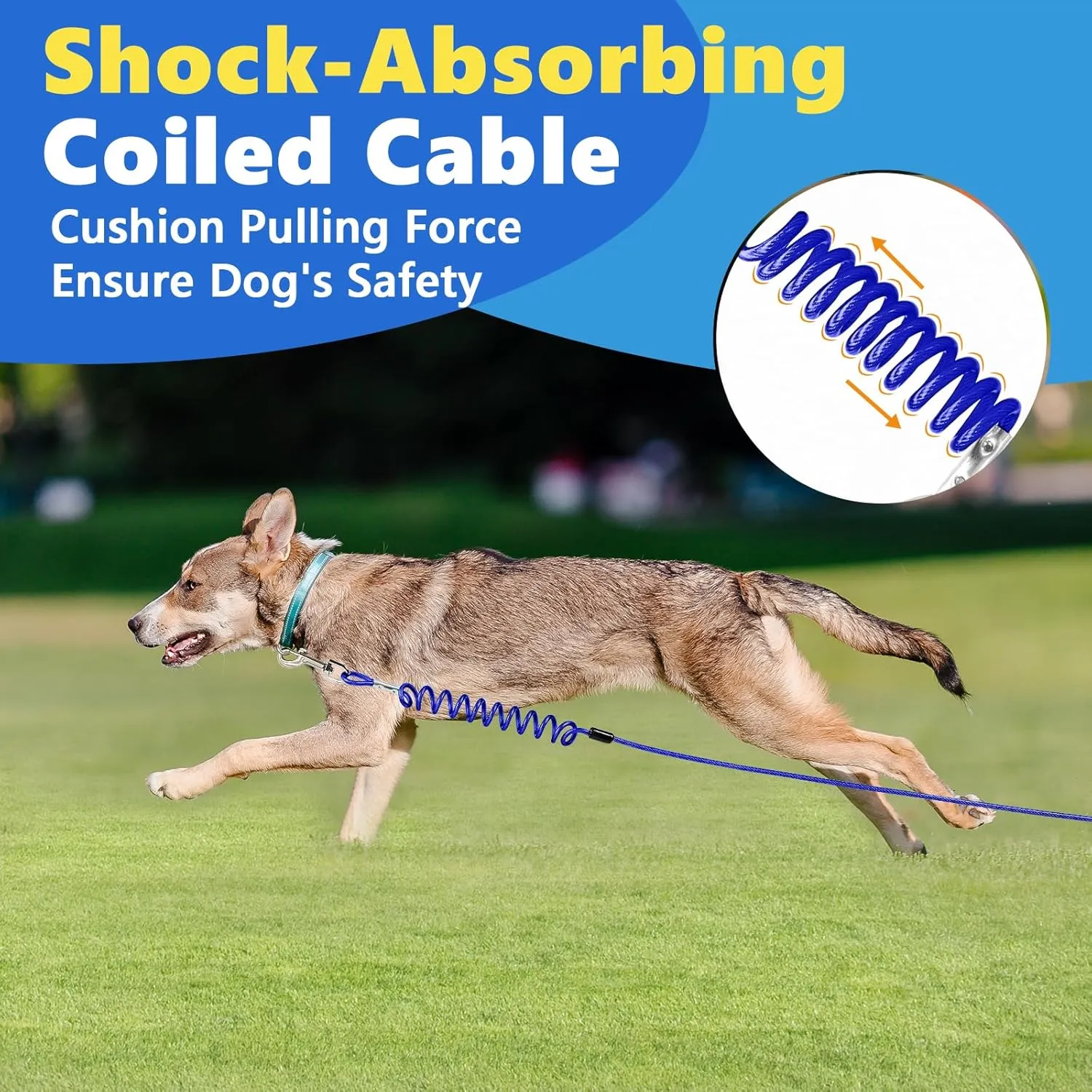 32FT Shock-Absorbing Dog Tie Out Cable & Stake for Backyard, Camping, Traveling, for Dogs up to 250Lbs, Durable Dog Tether/Leash