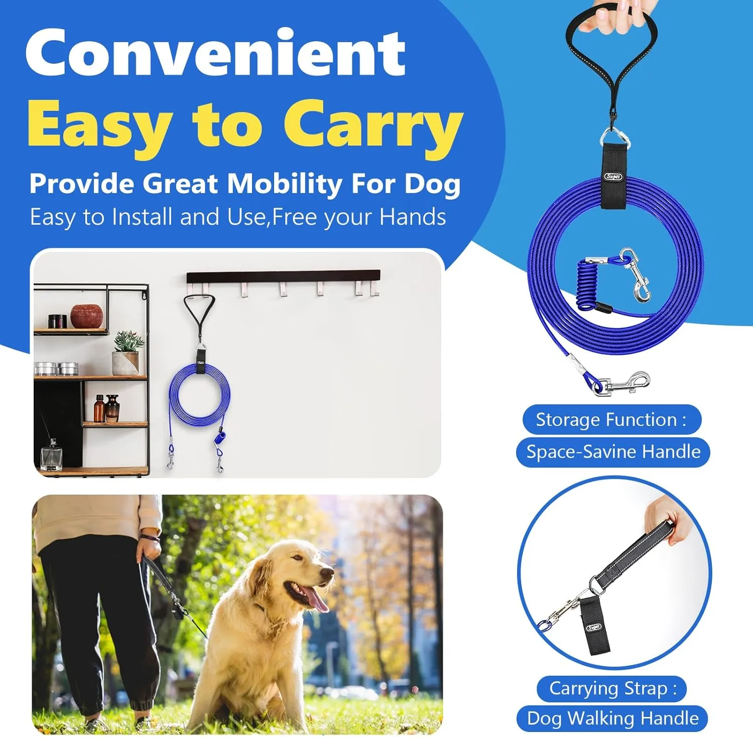 32FT Shock-Absorbing Dog Tie Out Cable & Stake for Backyard, Camping, Traveling, for Dogs up to 250Lbs, Durable Dog Tether/Leash