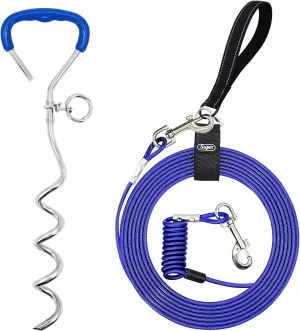 32FT Shock-Absorbing Dog Tie Out Cable & Stake for Backyard, Camping, Traveling, for Dogs up to 250Lbs, Durable Dog Tether/Leash