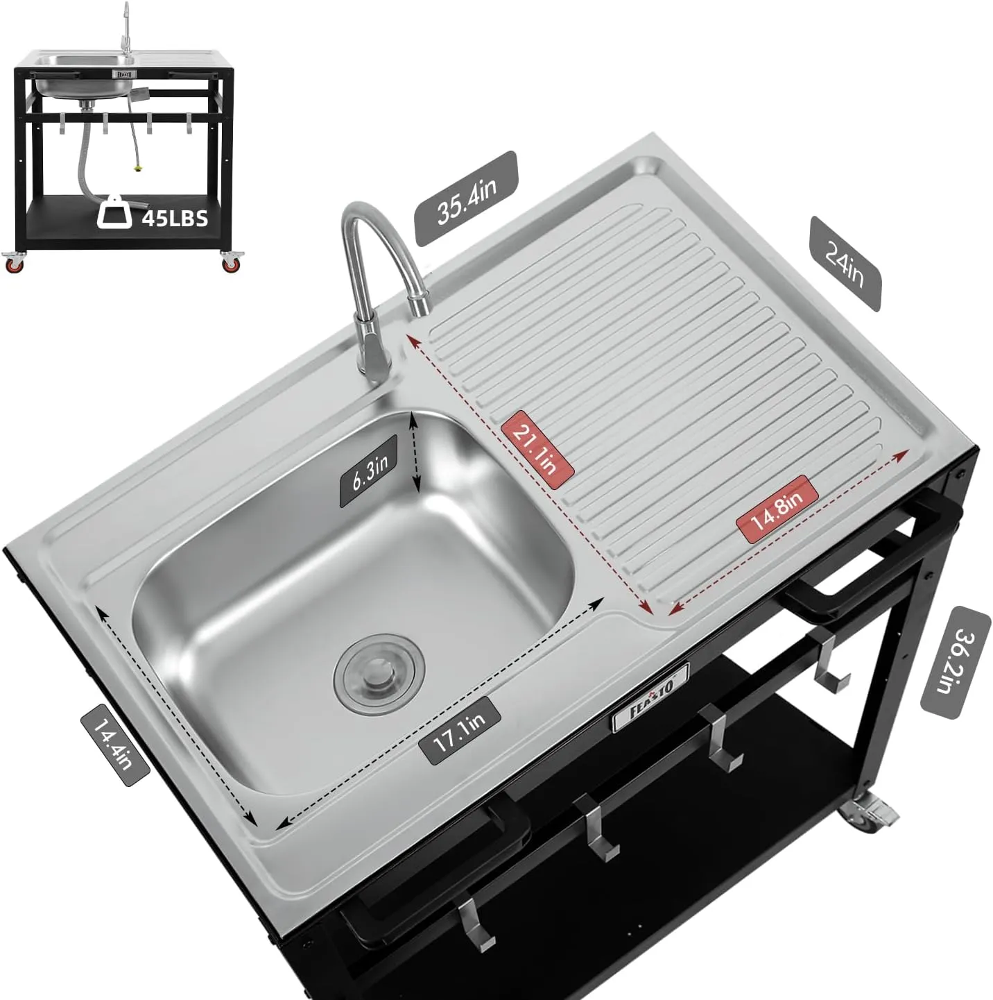 35” Outdoor Grill Cart with Sink, Outdoor Kitchen Sink Station with Hose Hook Up, Free Standing Sink with Wheels, 304 Stainless Steel Sink with Single Bowl, Outdoor Utility Sink with Faucet