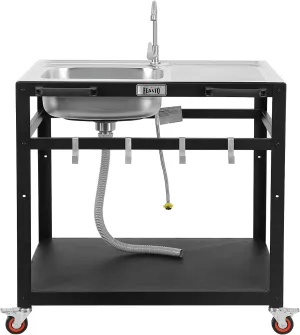 35” Outdoor Grill Cart with Sink, Outdoor Kitchen Sink Station with Hose Hook Up, Free Standing Sink with Wheels, 304 Stainless Steel Sink with Single Bowl, Outdoor Utility Sink with Faucet