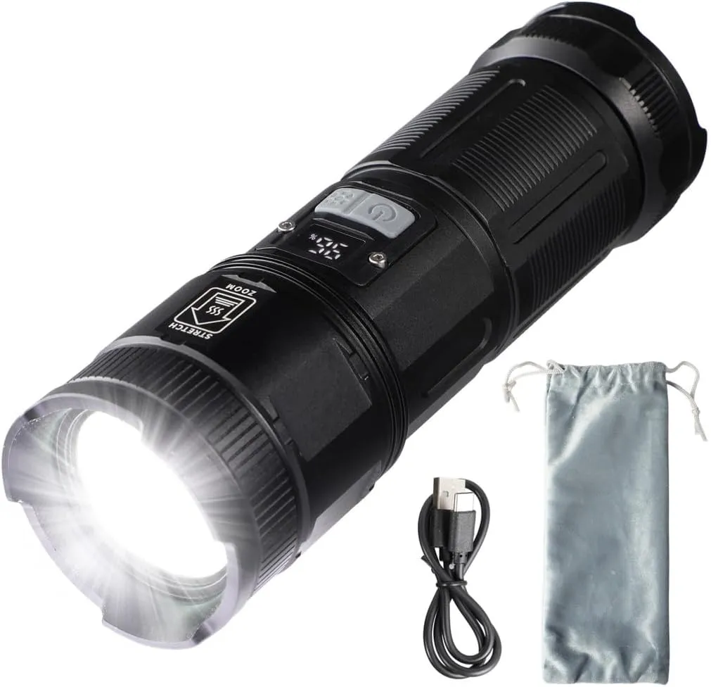 3500Lm Super Bright Rechargeable Led Flashlight, 3280Ft Zoomable Torch, 5 Lighting Modes & Cob Tail Light, Ip44 Waterproof Flashlight for Outdoor Use, Camping, Hiking, Emergency Power Bank