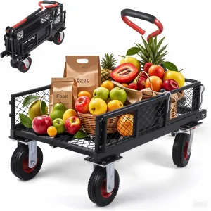 360 Lbs Steel Garden Folding Wagon Cart Heavy Duty with 180° Rotating Handle and Removable Sides, Foldable Yard Carts and Wagons, Dump Utility Carts 6 in All Terrain Wheels