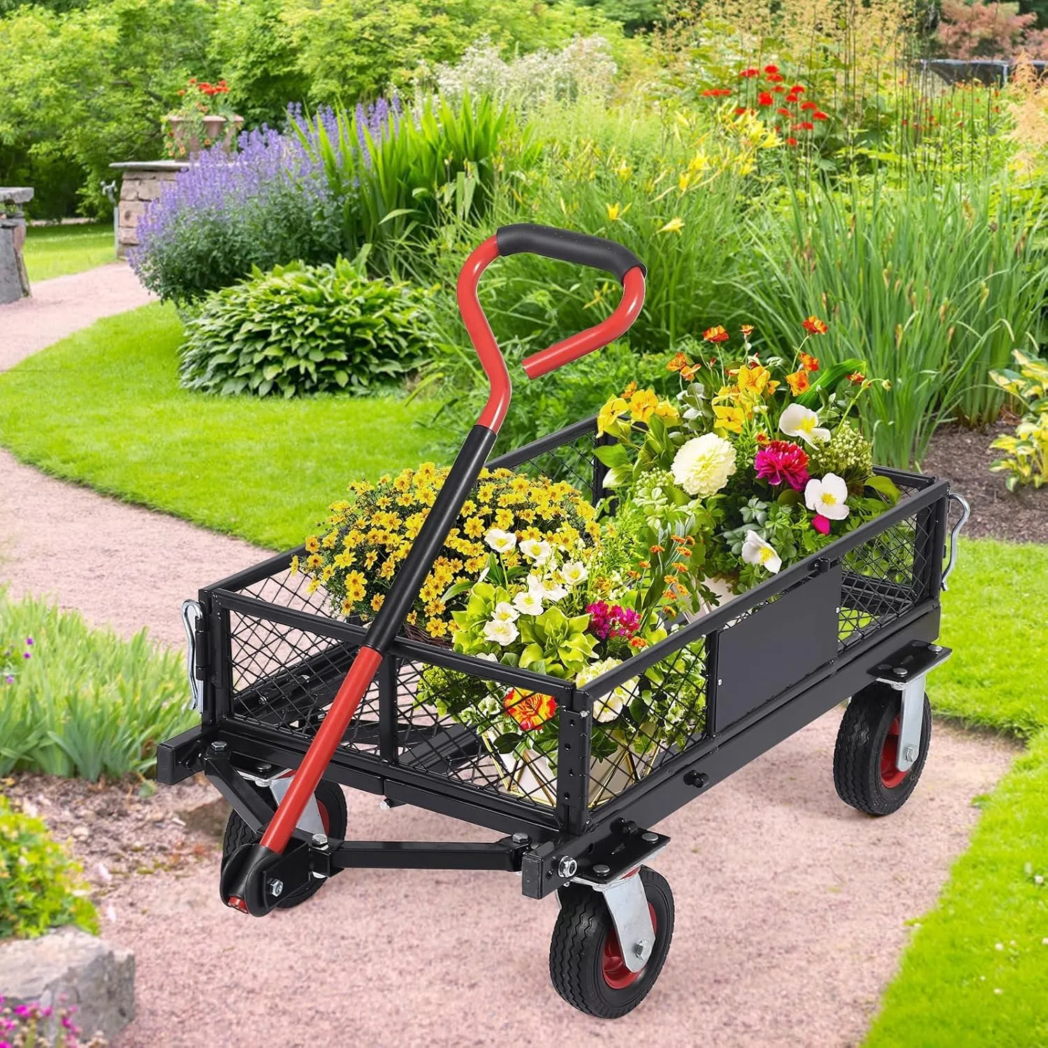 360 Lbs Steel Garden Folding Wagon Cart Heavy Duty with 180° Rotating Handle and Removable Sides, Foldable Yard Carts and Wagons, Dump Utility Carts 6 in All Terrain Wheels