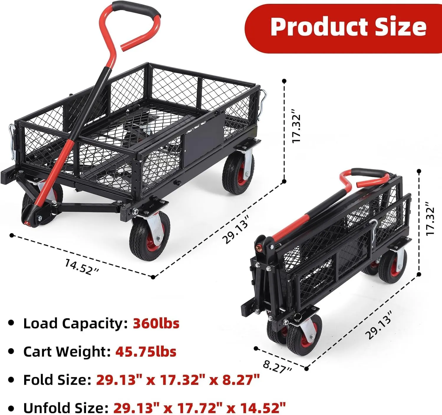 360 Lbs Steel Garden Folding Wagon Cart Heavy Duty with 180° Rotating Handle and Removable Sides, Foldable Yard Carts and Wagons, Dump Utility Carts 6 in All Terrain Wheels