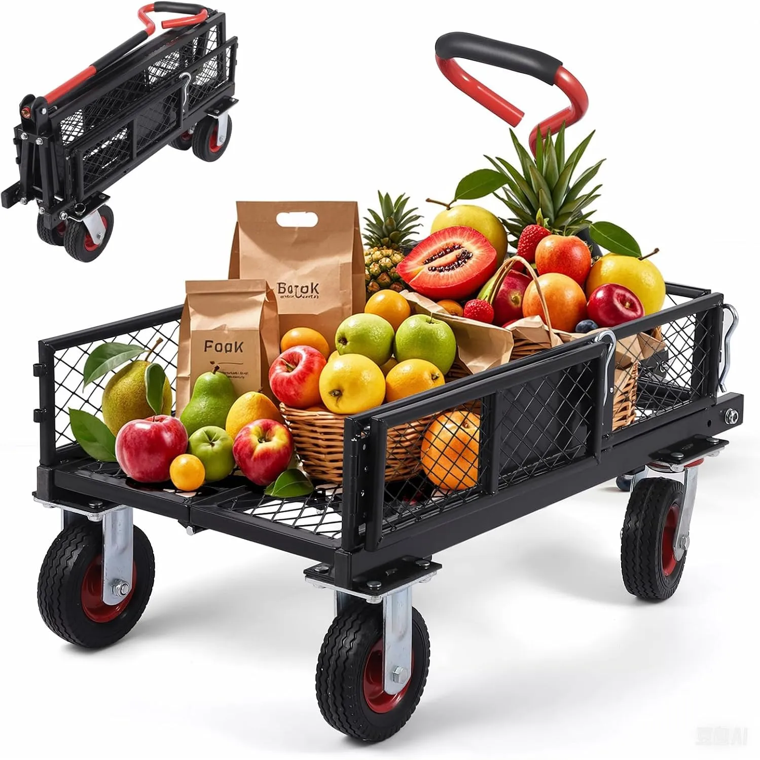 360 Lbs Steel Garden Folding Wagon Cart Heavy Duty with 180° Rotating Handle and Removable Sides, Foldable Yard Carts and Wagons, Dump Utility Carts 6 in All Terrain Wheels
