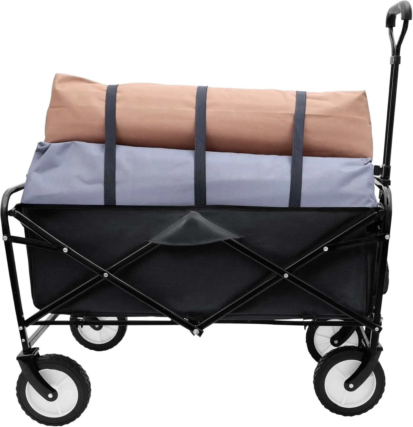 360lbs Rolling Carts with All Terrain 7'' 360° Wheels, Collapsible Grocery Utility Cart with 2 Cup Holders, Beach Wagon with Strapping System, 3 Plastic Liner Bags(Black)