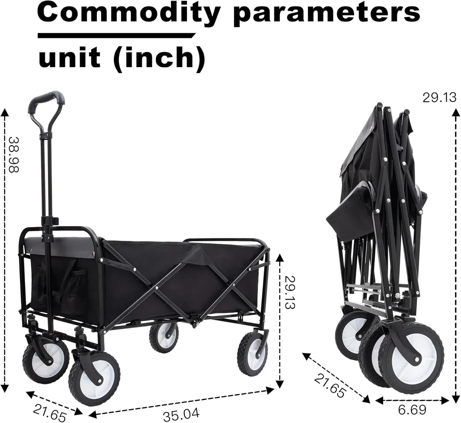360lbs Rolling Carts with All Terrain 7'' 360° Wheels, Collapsible Grocery Utility Cart with 2 Cup Holders, Beach Wagon with Strapping System, 3 Plastic Liner Bags(Black)
