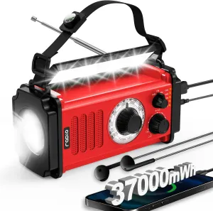 37000mWh Hand Crank Emergency Radio, Portable Solar AM/FM/NOAA Weather Radio with Rechargeable Battery Powered, USB Charger, SOS Alarm, Flashlight/Reading Lamp for Home Outdoor Survival-Red