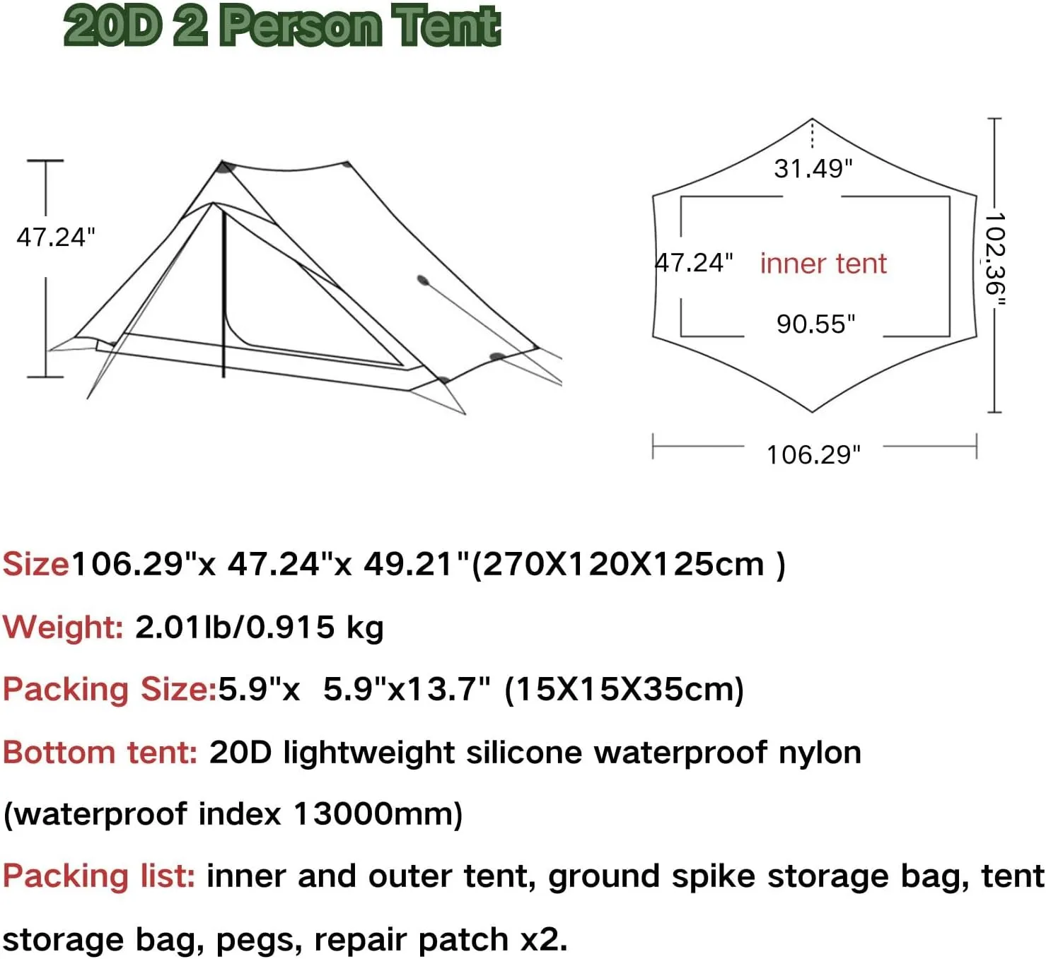 3F UL GEAR Blue Mountain 1/2Person Camping Poleless Tent, 3/4Seasons Waterproof Tent, Easy Set Up Hiking, Backpacking Silicon Coated Tent Shelter