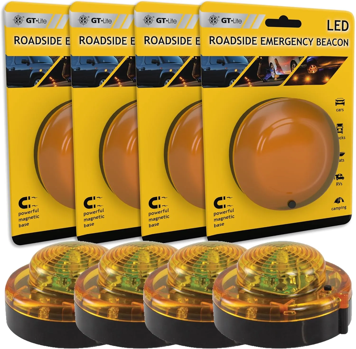 4 Pack LED Emergency Beacon Yellow,Roadside Flare,Magnetic Base,2 Modes Flash and Steady,for Car Emergency Kit or Amish Buggy,RV,Boat,Crush Resistant,Water Resistant